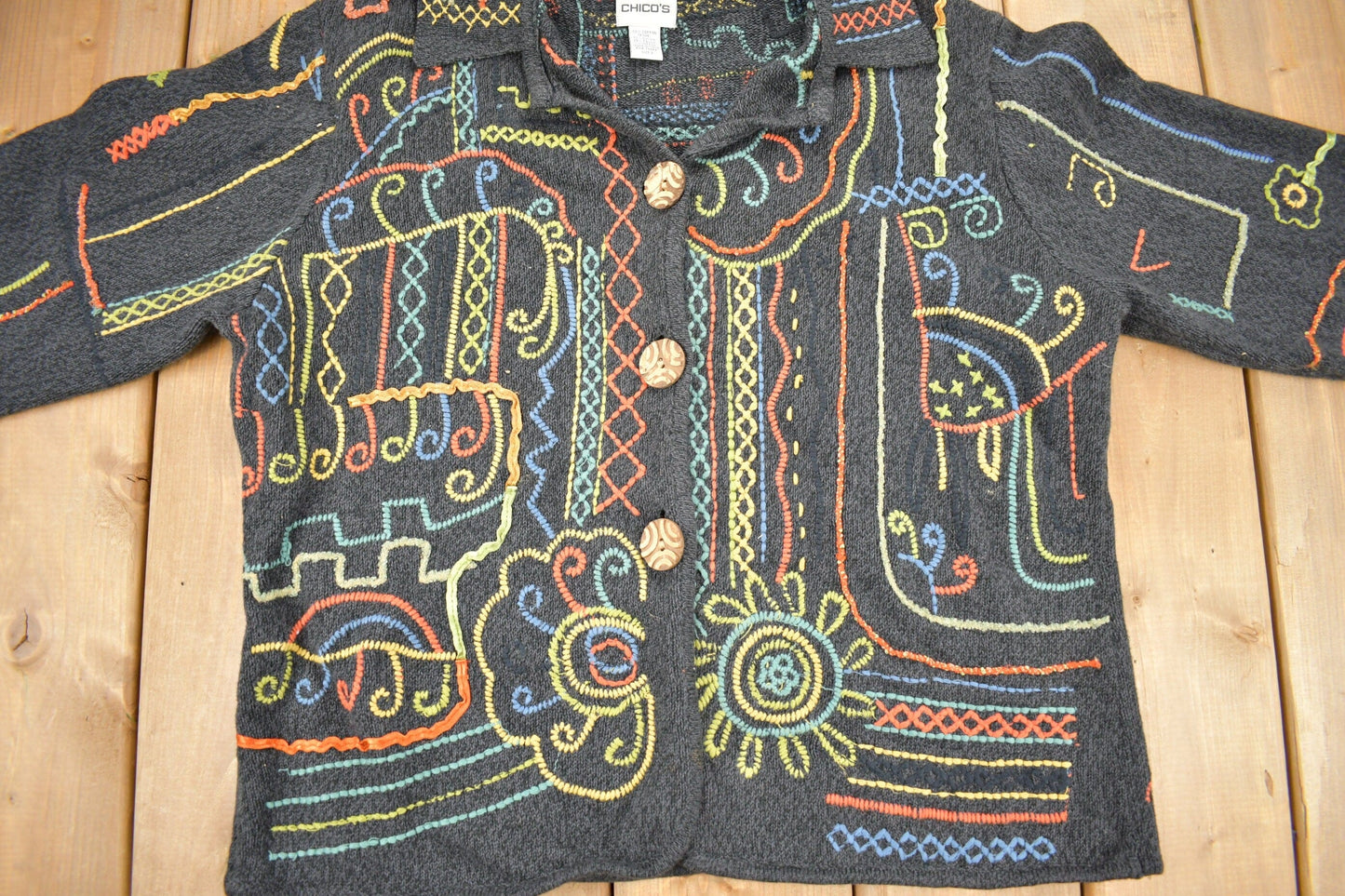 Proper Vintage Clothing > Gender Neutral Adult Clothing > Hoodies & Sweatshirts > Sweatshirts Vintage 1990s Chico's Embroidery Cardigan Sweater / Vintage Cardigan / Button Up / Patchwork / Embroidered / Abstract Design