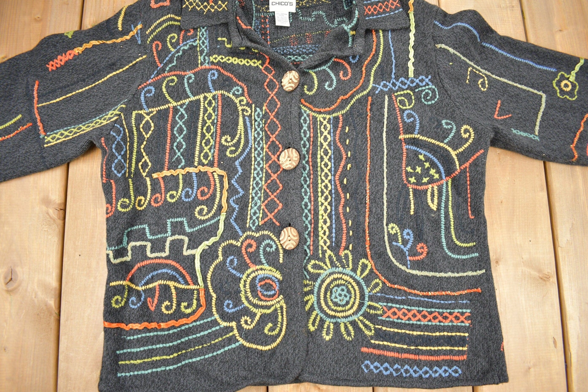 Proper Vintage Clothing > Gender Neutral Adult Clothing > Hoodies & Sweatshirts > Sweatshirts Vintage 1990s Chico's Embroidery Cardigan Sweater / Vintage Cardigan / Button Up / Patchwork / Embroidered / Abstract Design