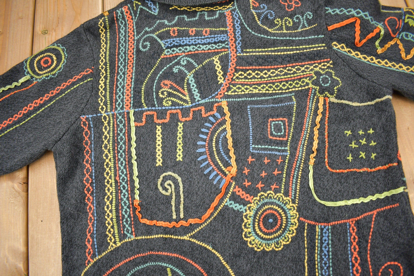 Proper Vintage Clothing > Gender Neutral Adult Clothing > Hoodies & Sweatshirts > Sweatshirts Vintage 1990s Chico's Embroidery Cardigan Sweater / Vintage Cardigan / Button Up / Patchwork / Embroidered / Abstract Design