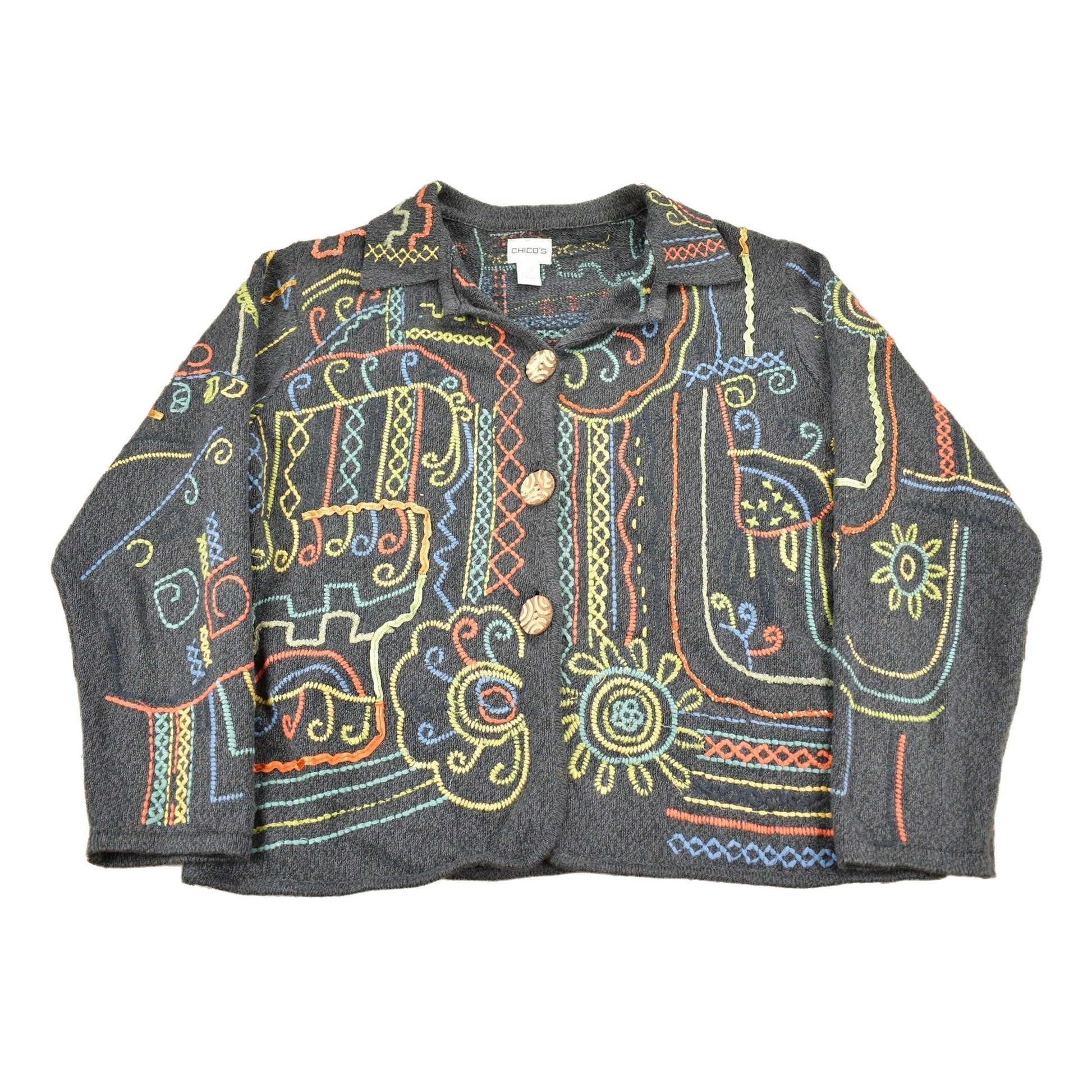 Proper Vintage Clothing > Gender Neutral Adult Clothing > Hoodies & Sweatshirts > Sweatshirts Vintage 1990s Chico's Embroidery Cardigan Sweater / Vintage Cardigan / Button Up / Patchwork / Embroidered / Abstract Design