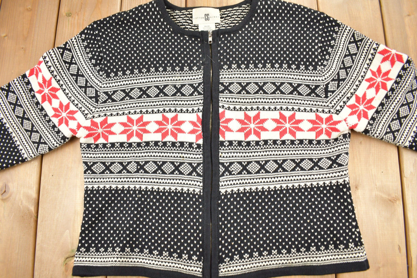 Proper Vintage Clothing > Gender Neutral Adult Clothing > Hoodies & Sweatshirts > Sweatshirts Vintage 1990s Cotton Ginny Knit Zip Up Sweater / Vintage 90s Sweater / All Over Pattern / Winter Sweatshirt / Abstract Pattern