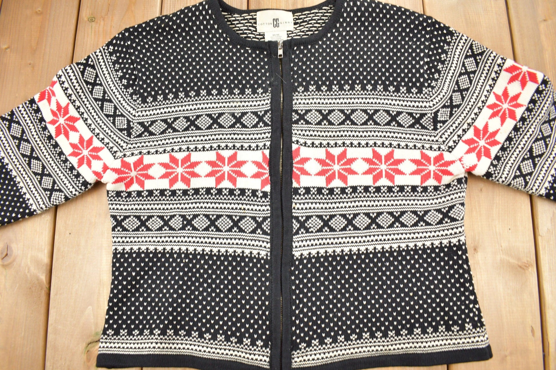 Proper Vintage Clothing > Gender Neutral Adult Clothing > Hoodies & Sweatshirts > Sweatshirts Vintage 1990s Cotton Ginny Knit Zip Up Sweater / Vintage 90s Sweater / All Over Pattern / Winter Sweatshirt / Abstract Pattern