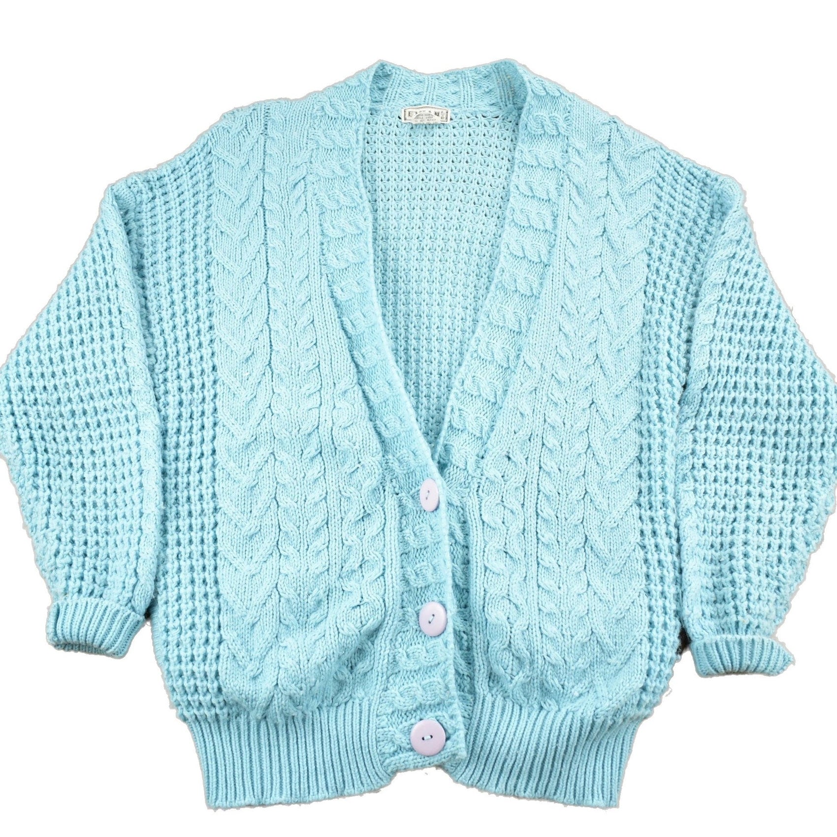 Proper Vintage Clothing > Gender Neutral Adult Clothing > Hoodies & Sweatshirts > Sweatshirts Vintage 1990s Evian Cable Knit Cardigan Sweater / Vintage Cardigan / Button Up / Patchwork / Embroidered / Acrylic