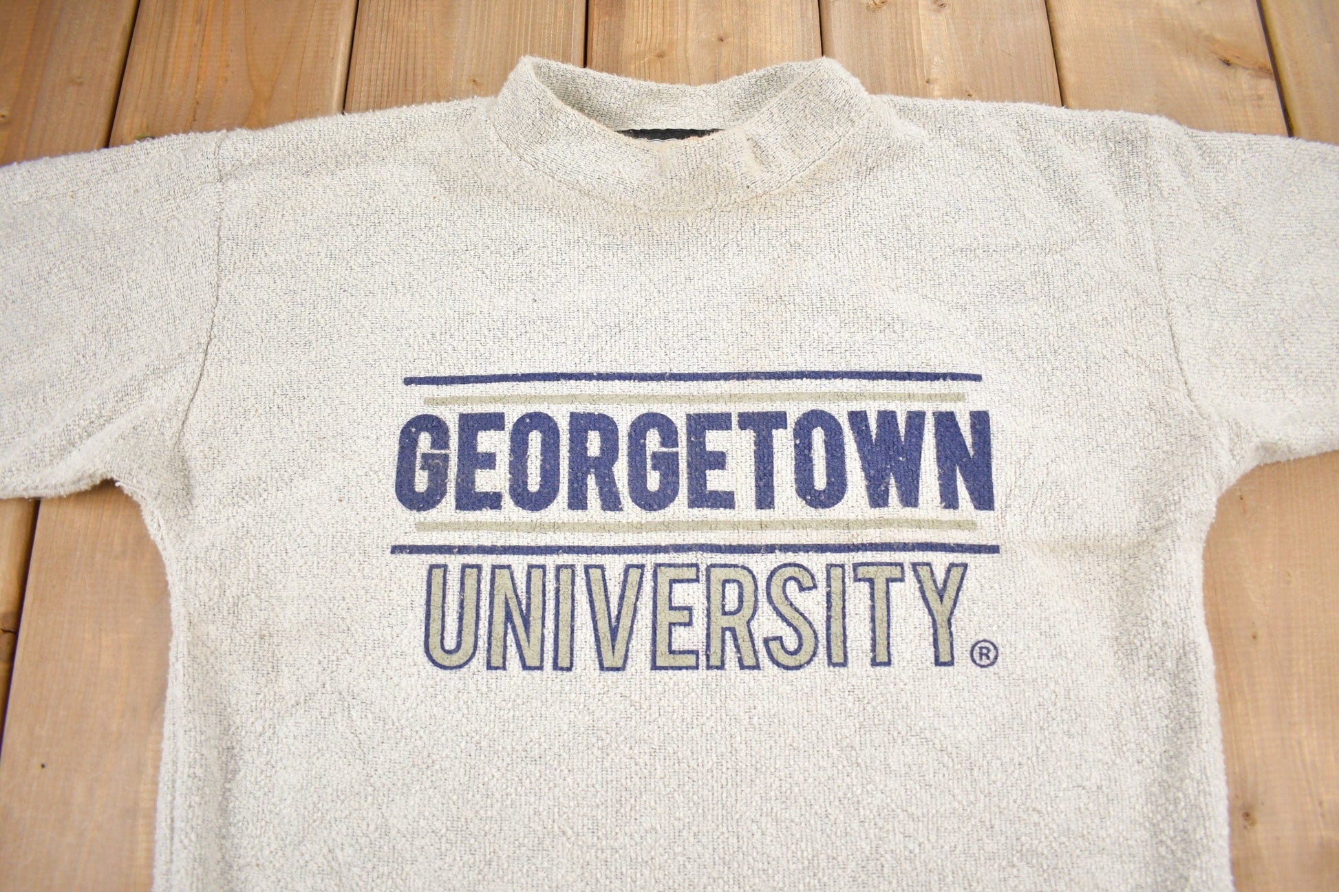 Proper Vintage Clothing > Gender Neutral Adult Clothing > Hoodies & Sweatshirts > Sweatshirts Vintage 1990s Georgetown University Collegiate Mockneck Sweater / Made In USA / Woolly Threads / Americana / Heavy Weight