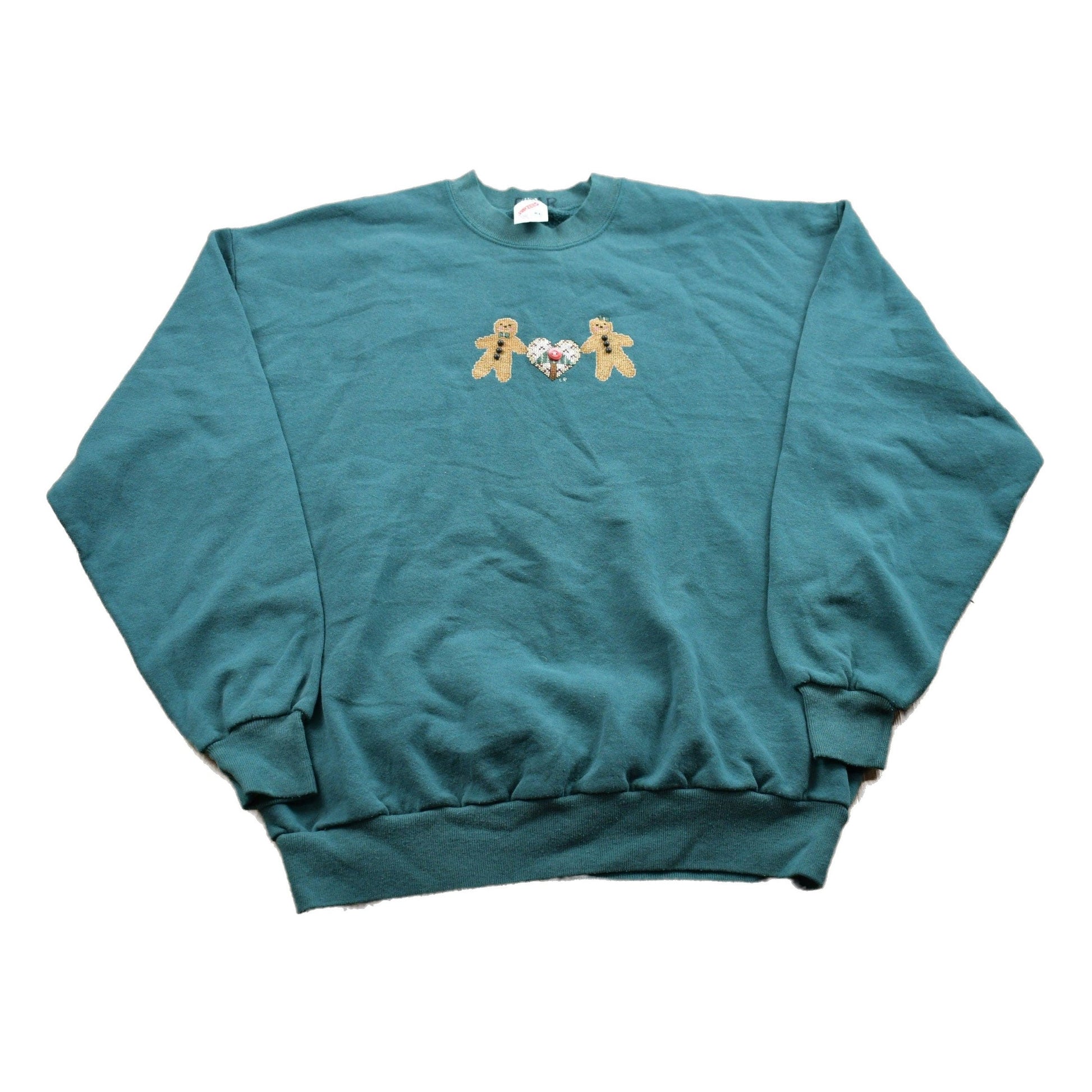 Proper Vintage Clothing > Gender Neutral Adult Clothing > Hoodies & Sweatshirts > Sweatshirts Vintage 1990s Gingerbread Theme Crewneck Sweater / 90s Crewneck / Grandma Sweater / Streetwear / Made In USA / Heart Theme / Button Crewneck