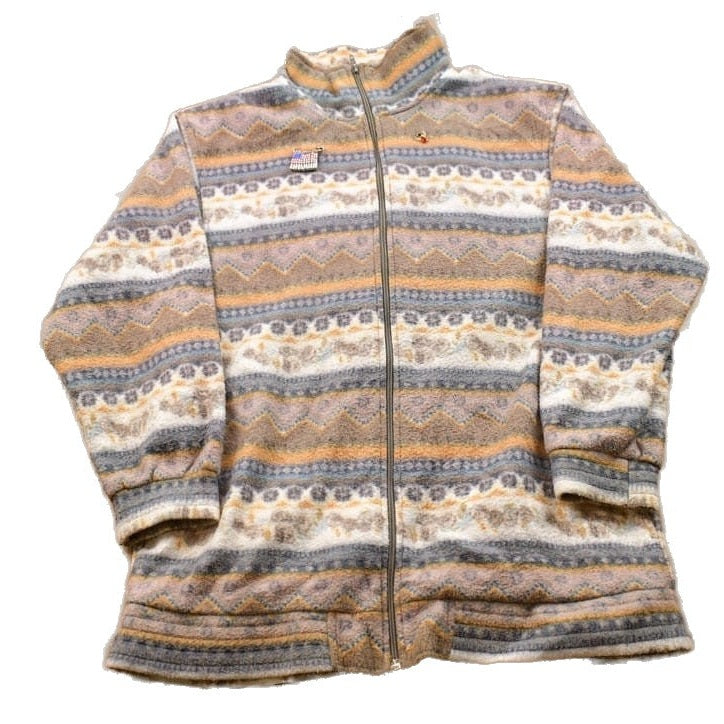 Proper Vintage Clothing > Gender Neutral Adult Clothing > Hoodies & Sweatshirts > Sweatshirts Vintage 1990s Haband Fleece Sweater / Outdoorsman / 90s Sweater / Streetwear / Hiking / Fleece Zip up / All Over Pattern / Abstract Fleece