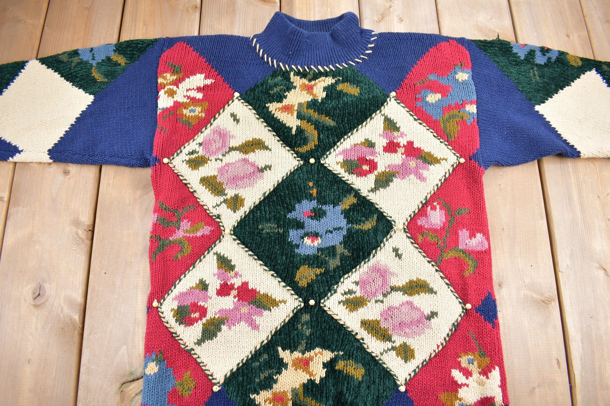 Proper Vintage Clothing > Gender Neutral Adult Clothing > Hoodies & Sweatshirts > Sweatshirts Vintage 1990s IVY Hand Knit Mockneck Sweater / Patchwork / All Over Pattern / Colorful Sweatshirt / Color Block