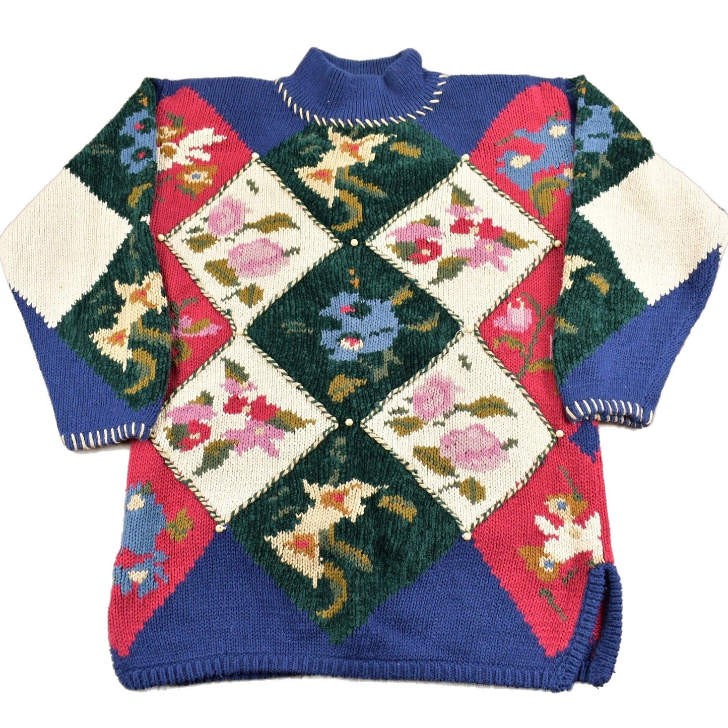 Proper Vintage Clothing > Gender Neutral Adult Clothing > Hoodies & Sweatshirts > Sweatshirts Vintage 1990s IVY Hand Knit Mockneck Sweater / Patchwork / All Over Pattern / Colorful Sweatshirt / Color Block