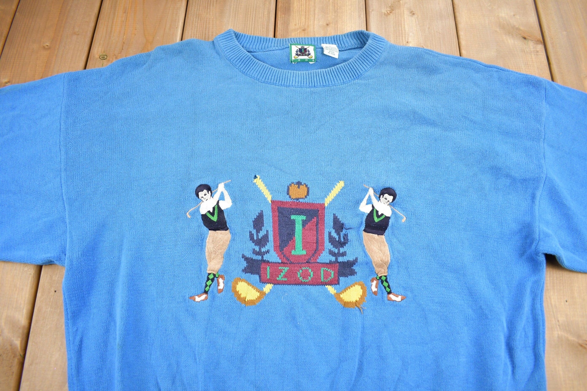 Proper Vintage Clothing > Gender Neutral Adult Clothing > Hoodies & Sweatshirts > Sweatshirts Vintage 1990s IZOD Golfing Theme Knitted Crewneck / Vintage 90s Crewneck / Embroidered