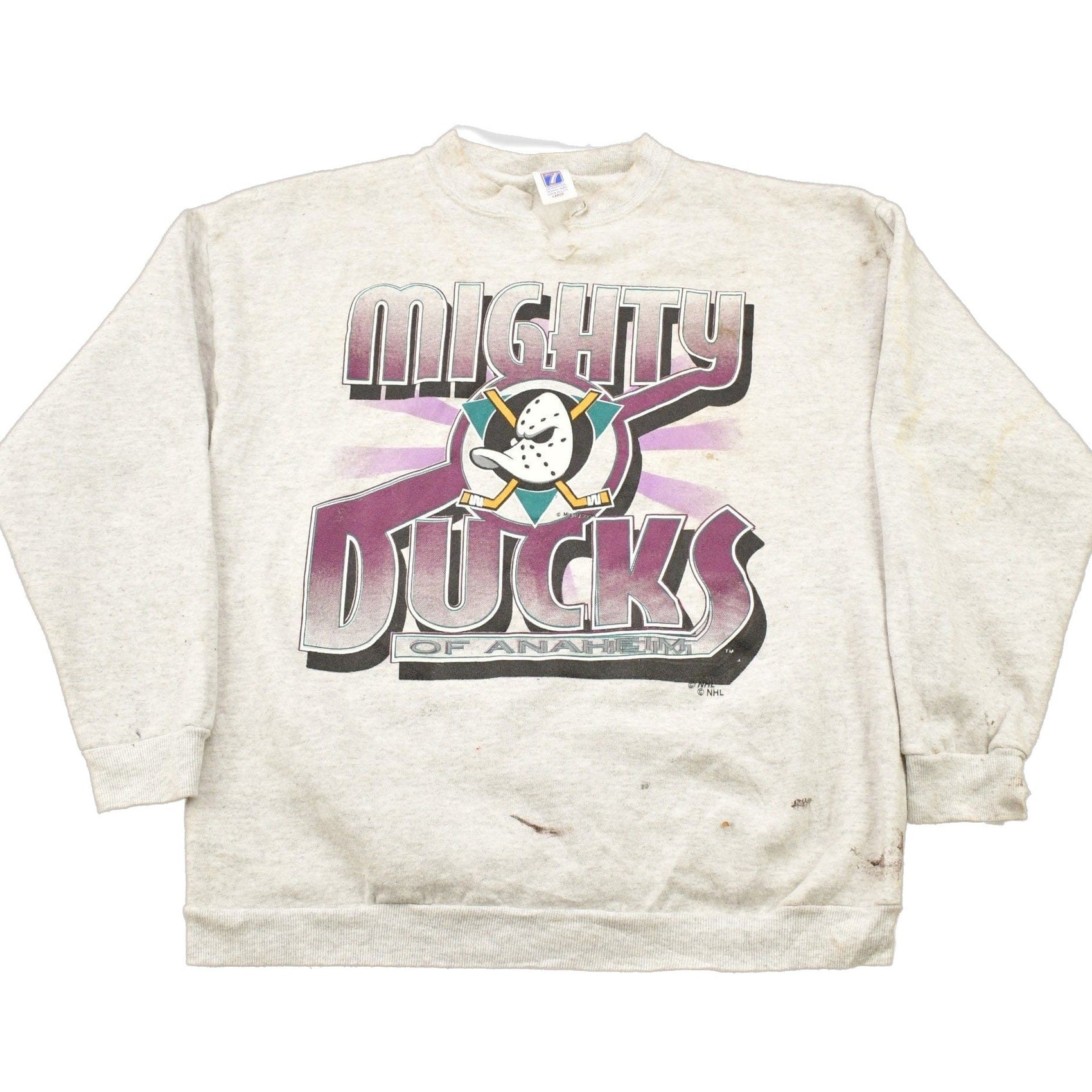 Proper Vintage Clothing > Gender Neutral Adult Clothing > Hoodies & Sweatshirts > Sweatshirts Vintage 1990s Mighty Ducks Of Anaheim NHL Logo 7 Crewneck Sweatshirt / Distressed / Sportswear / Athleisure / Americana / Made In USA