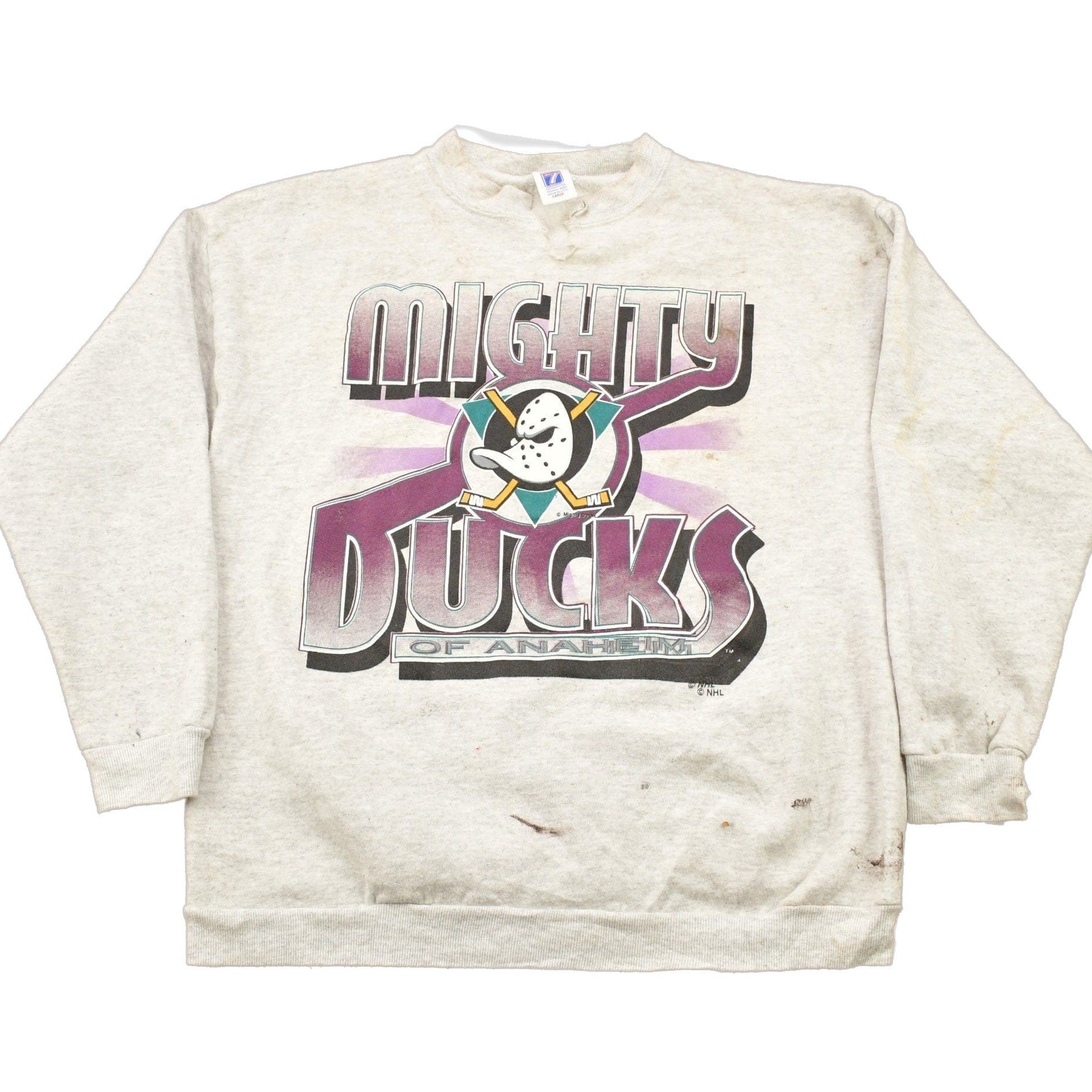 Proper Vintage Clothing > Gender Neutral Adult Clothing > Hoodies & Sweatshirts > Sweatshirts Vintage 1990s Mighty Ducks Of Anaheim NHL Logo 7 Crewneck Sweatshirt / Distressed / Sportswear / Athleisure / Americana / Made In USA