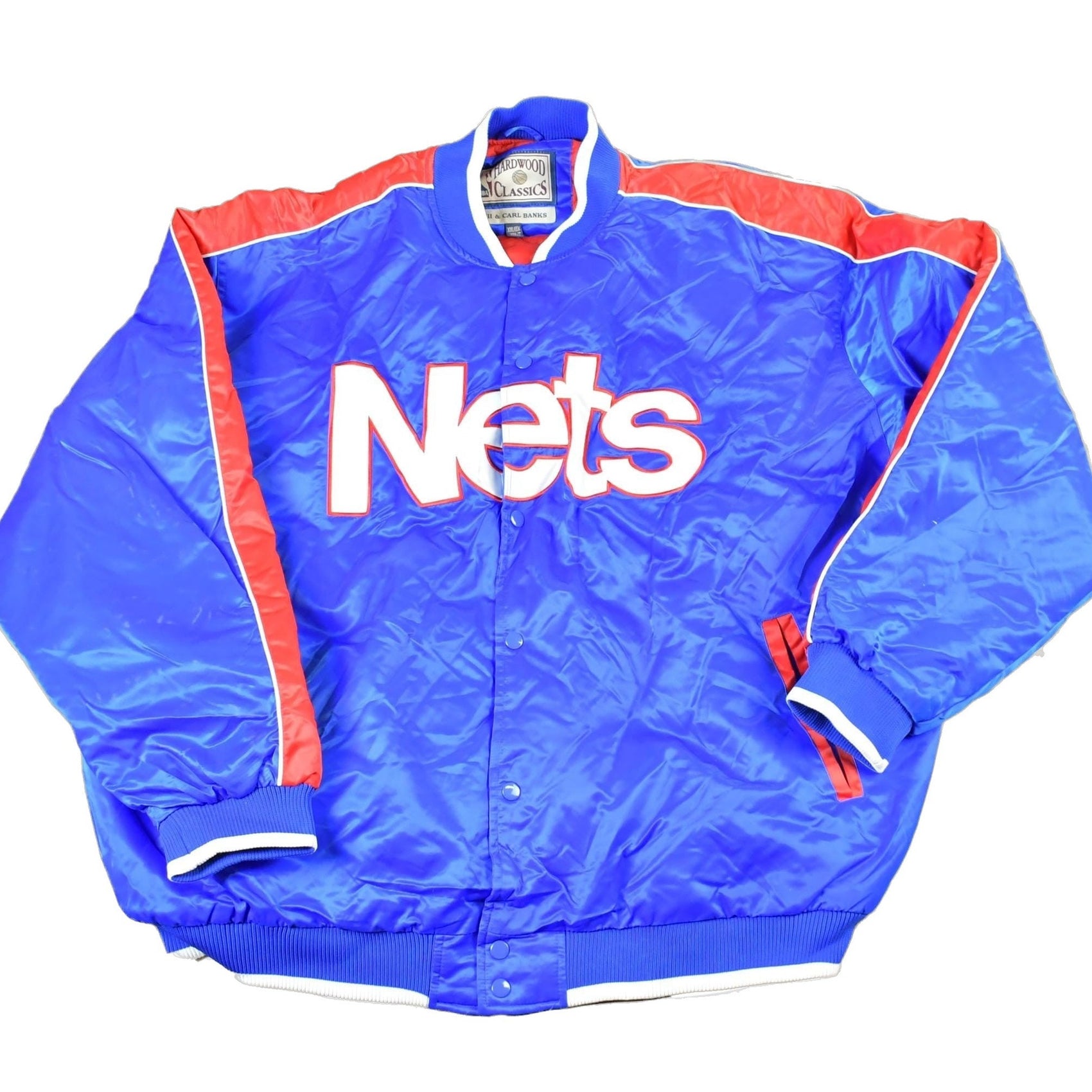 Proper Vintage Clothing > Gender Neutral Adult Clothing > Jackets & Coats Vintage 1990s New Jersey Nets Hardwood Classics Satin Button Down Puffer Bomber NBA Basketball Jacket