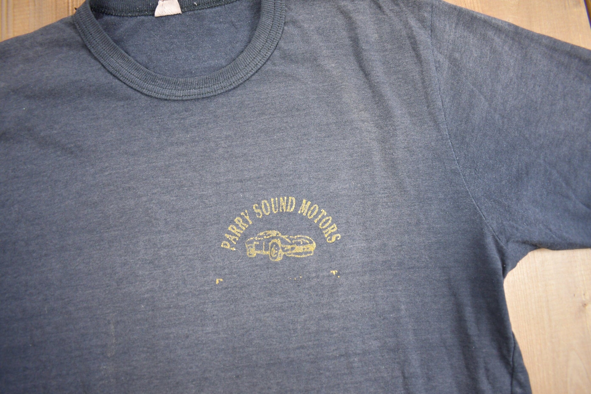 Proper Vintage Clothing > Gender Neutral Adult Clothing > Tops & Tees > T Shirts Vintage 1980s Parry Sound Motors Ringer T Shirt / Vintage T Shirt / Single Stitch / Made In Canada