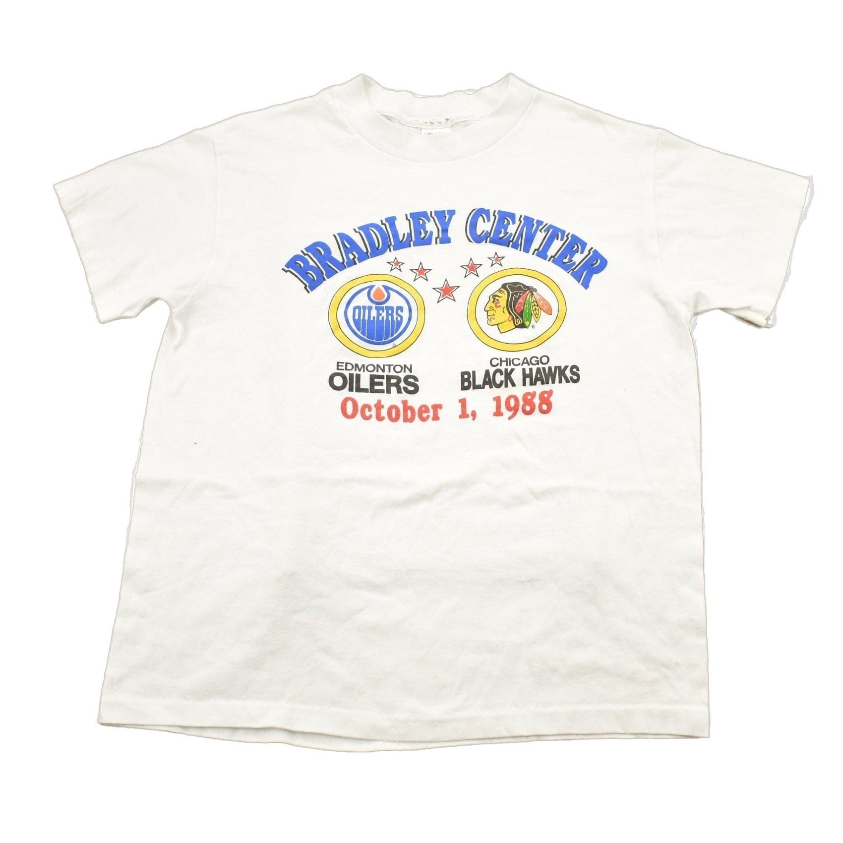 Proper Vintage Clothing > Gender Neutral Adult Clothing > Tops & Tees > T Shirts Vintage 1988 Edmonton Oilers Vs Chicago Blackhawks NHL Graphic T-Shirt / Made In USA / Single Stitch / NHL Hockey / Bradley Center