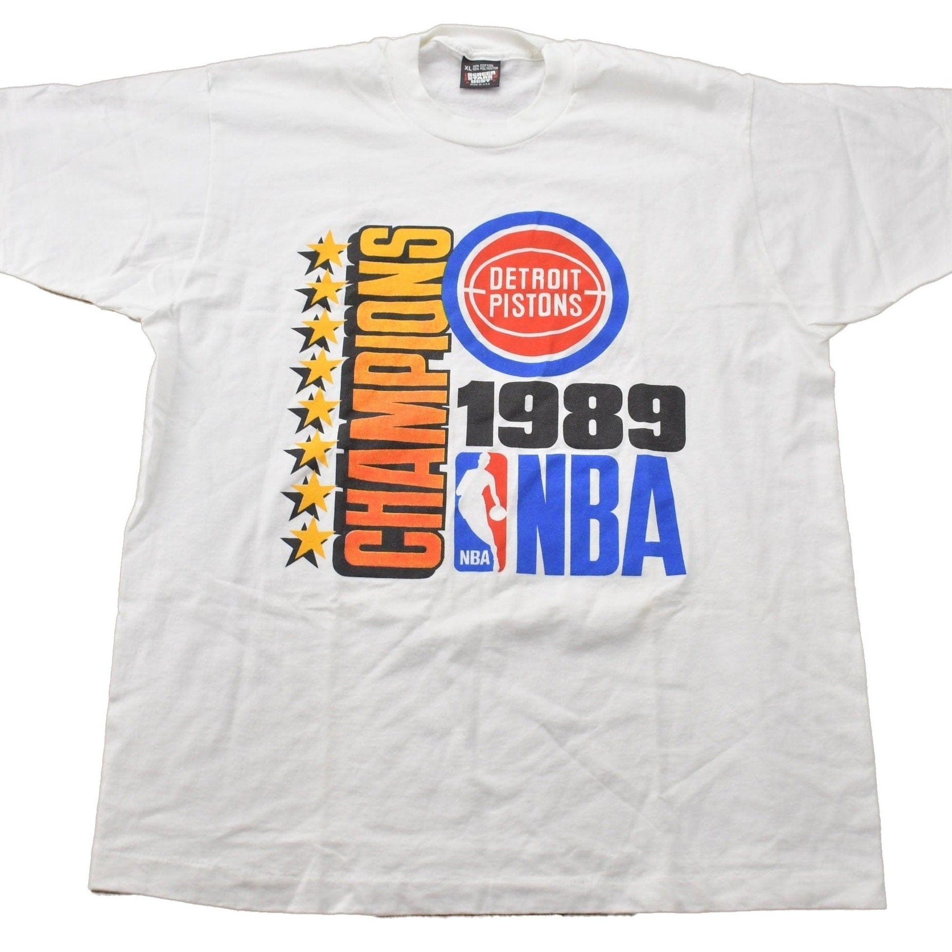 Proper Vintage Clothing > Gender Neutral Adult Clothing > Tops & Tees > T Shirts Vintage 1989 Detroit Pistons NBA World Champions Graphic T-Shirt / Made In USA / Single Stitch / NBA Basketball / Motor City Bad Boys