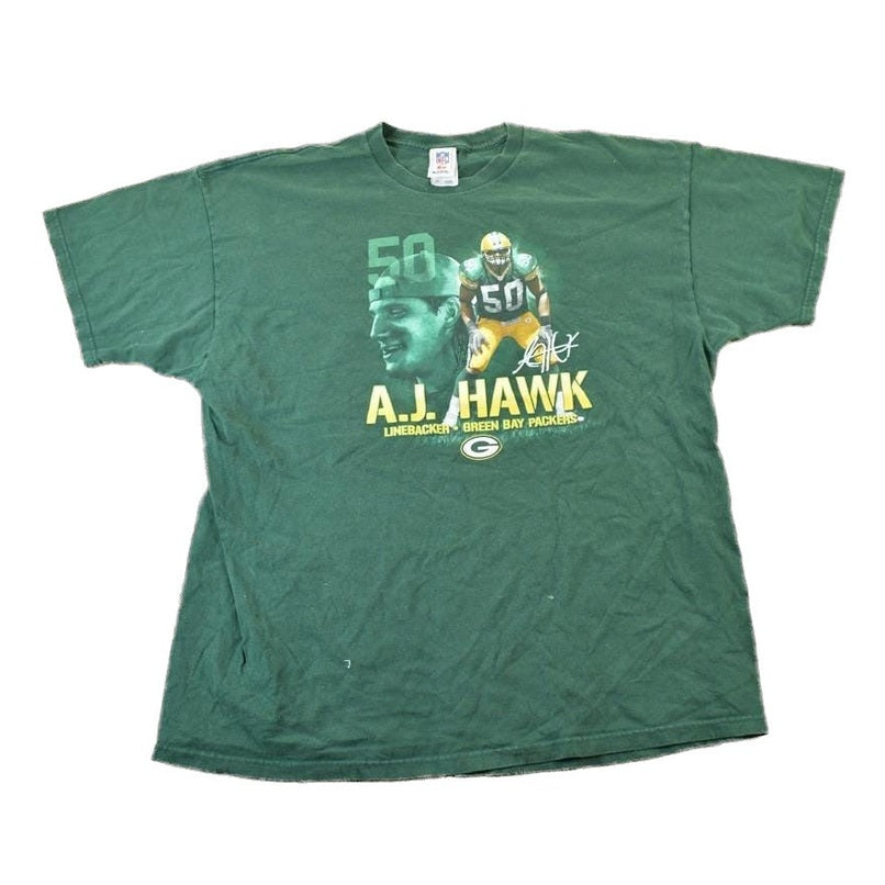 Proper Vintage Clothing > Gender Neutral Adult Clothing > Tops & Tees > T Shirts Vintage 1990s AJ Hawk Green Bay Packers NFL T-Shirt / Made In USA / Single Stitch / 90s Streetwear / Sportswear