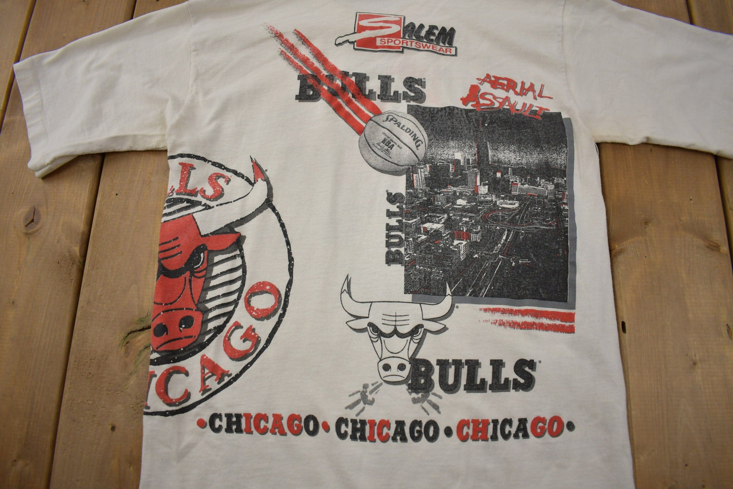 Proper Vintage Clothing > Gender Neutral Adult Clothing > Tops & Tees > T Shirts Vintage 1990s Chicago Bulls NBA Aerial Assault Graphic T-Shirt / Made In USA / Single Stitch / 90s Streetwear / Salem Sportswear