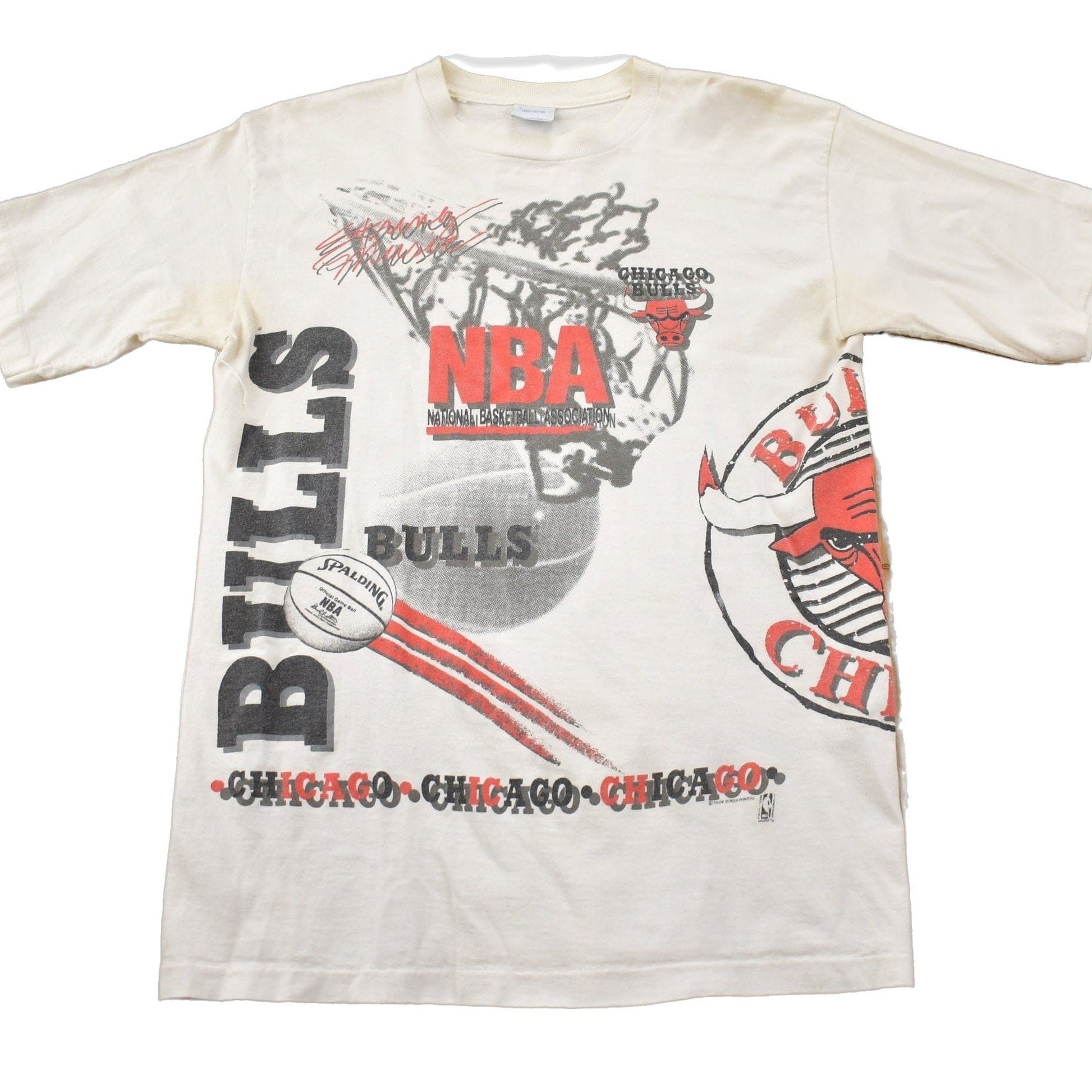 Proper Vintage Clothing > Gender Neutral Adult Clothing > Tops & Tees > T Shirts Vintage 1990s Chicago Bulls NBA Aerial Assault Graphic T-Shirt / Made In USA / Single Stitch / 90s Streetwear / Salem Sportswear
