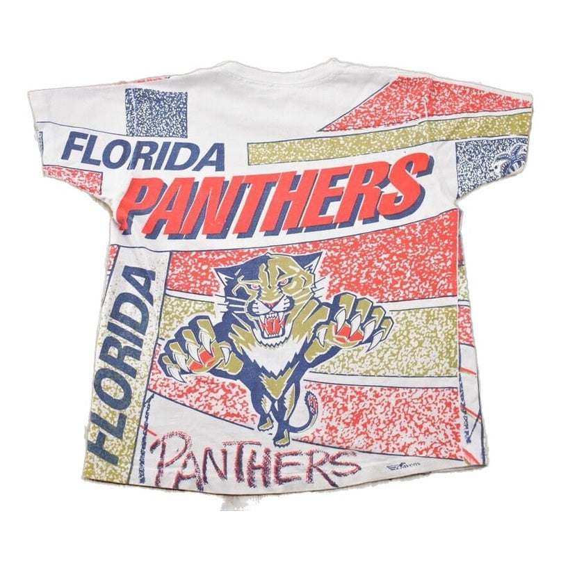 Proper Vintage Clothing > Gender Neutral Adult Clothing > Tops & Tees > T Shirts Vintage 1990s Florida Panthers All Over Print NHL Graphic Kids T-Shirt Made In Canada / Single Stitch / NHL Hockey / 90s Salem