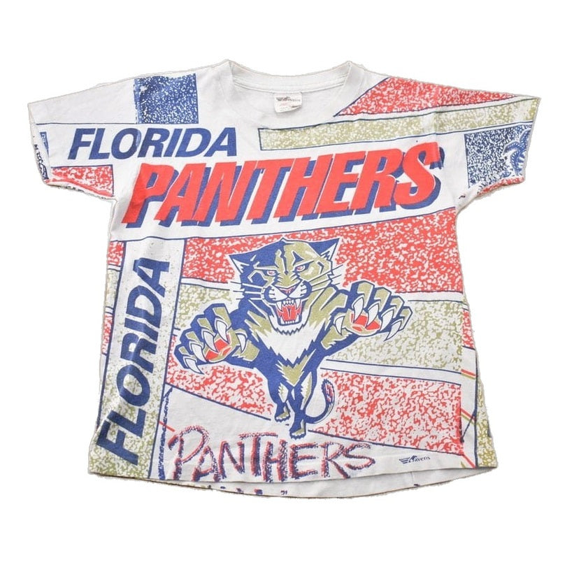 Proper Vintage Clothing > Gender Neutral Adult Clothing > Tops & Tees > T Shirts Vintage 1990s Florida Panthers All Over Print NHL Graphic Kids T-Shirt Made In Canada / Single Stitch / NHL Hockey / 90s Salem