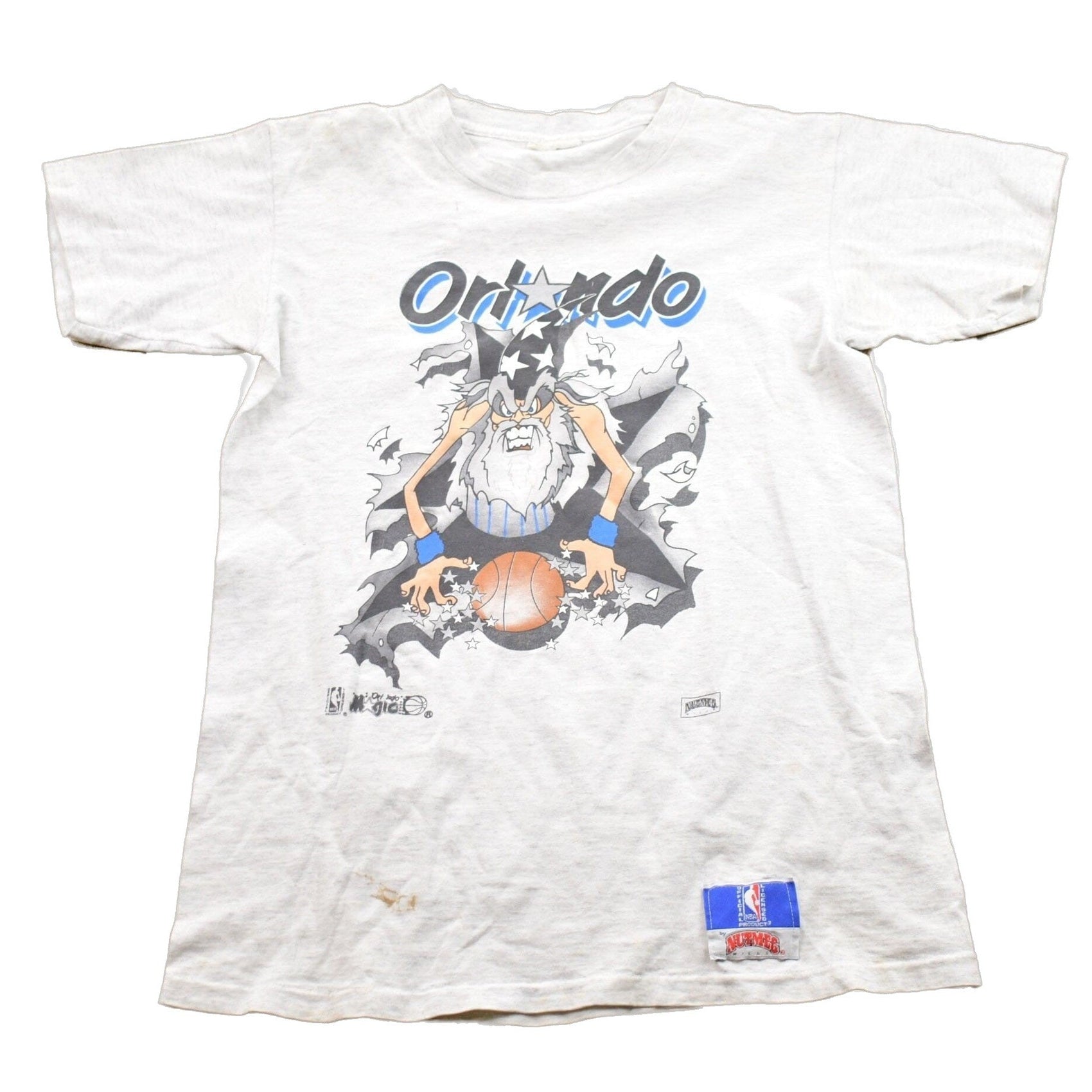 Proper Vintage Clothing > Gender Neutral Adult Clothing > Tops & Tees > T Shirts Vintage 1990s Orlando Magic Graphic T-Shirt / 90s Nutmeg T-Shirt / Streetwear / Retro Style / Single Stitch / Made In USA / NBA Graphic Tee