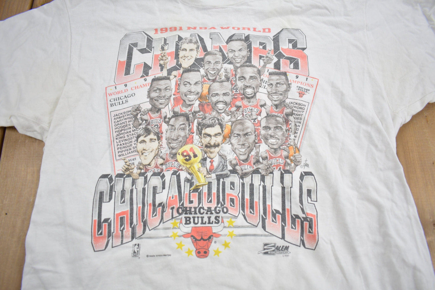 Proper Vintage Clothing > Gender Neutral Adult Clothing > Tops & Tees > T Shirts Vintage 1991 Chicago Bulls NBA World Champions T-Shirt / Made In USA / Single Stitch / 90s Streetwear / Big Head / Salem Sportswear