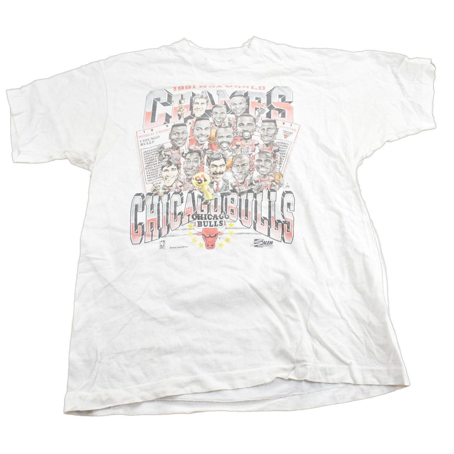 Proper Vintage Clothing > Gender Neutral Adult Clothing > Tops & Tees > T Shirts Vintage 1991 Chicago Bulls NBA World Champions T-Shirt / Made In USA / Single Stitch / 90s Streetwear / Big Head / Salem Sportswear