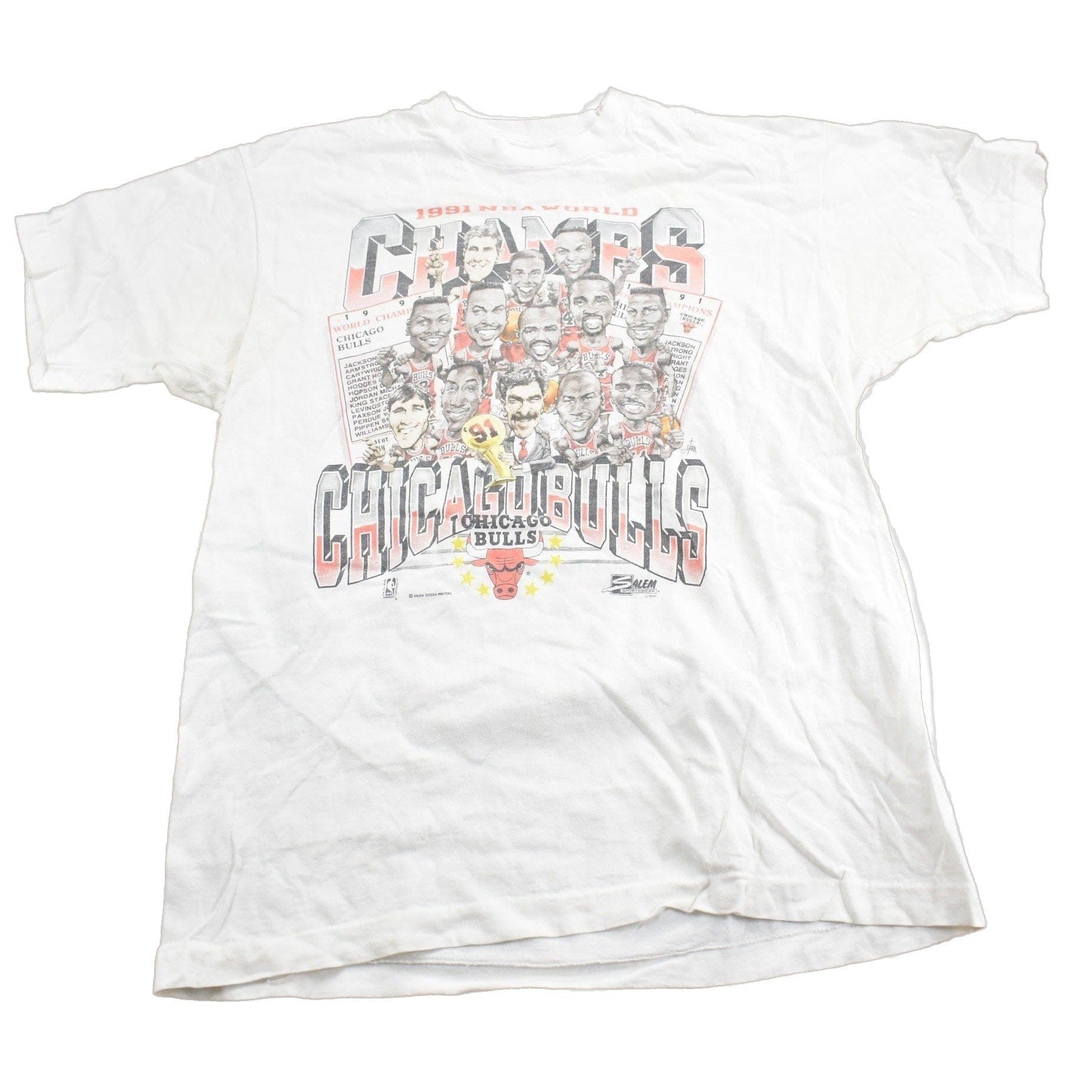Proper Vintage Clothing > Gender Neutral Adult Clothing > Tops & Tees > T Shirts Vintage 1991 Chicago Bulls NBA World Champions T-Shirt / Made In USA / Single Stitch / 90s Streetwear / Big Head / Salem Sportswear