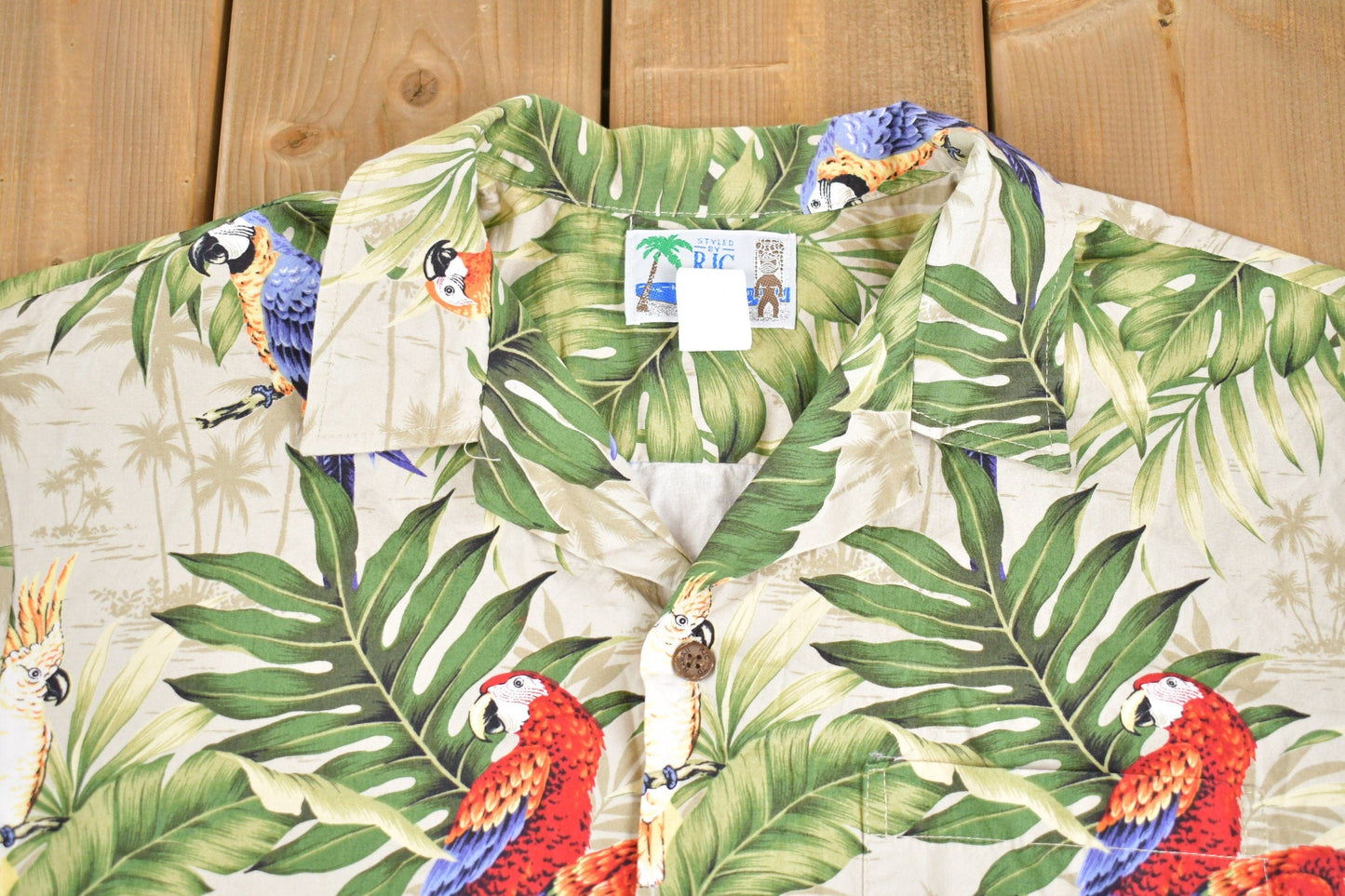 Proper Vintage Clothing > Men's Clothing > Shirts & Tees > Oxfords & Button Downs Vintage 1980s All Over Print Hawaiian Button Up Shirt / Camp Collar / Floral Print / Beachwear / Parrots / Resort Wear / All Over Print
