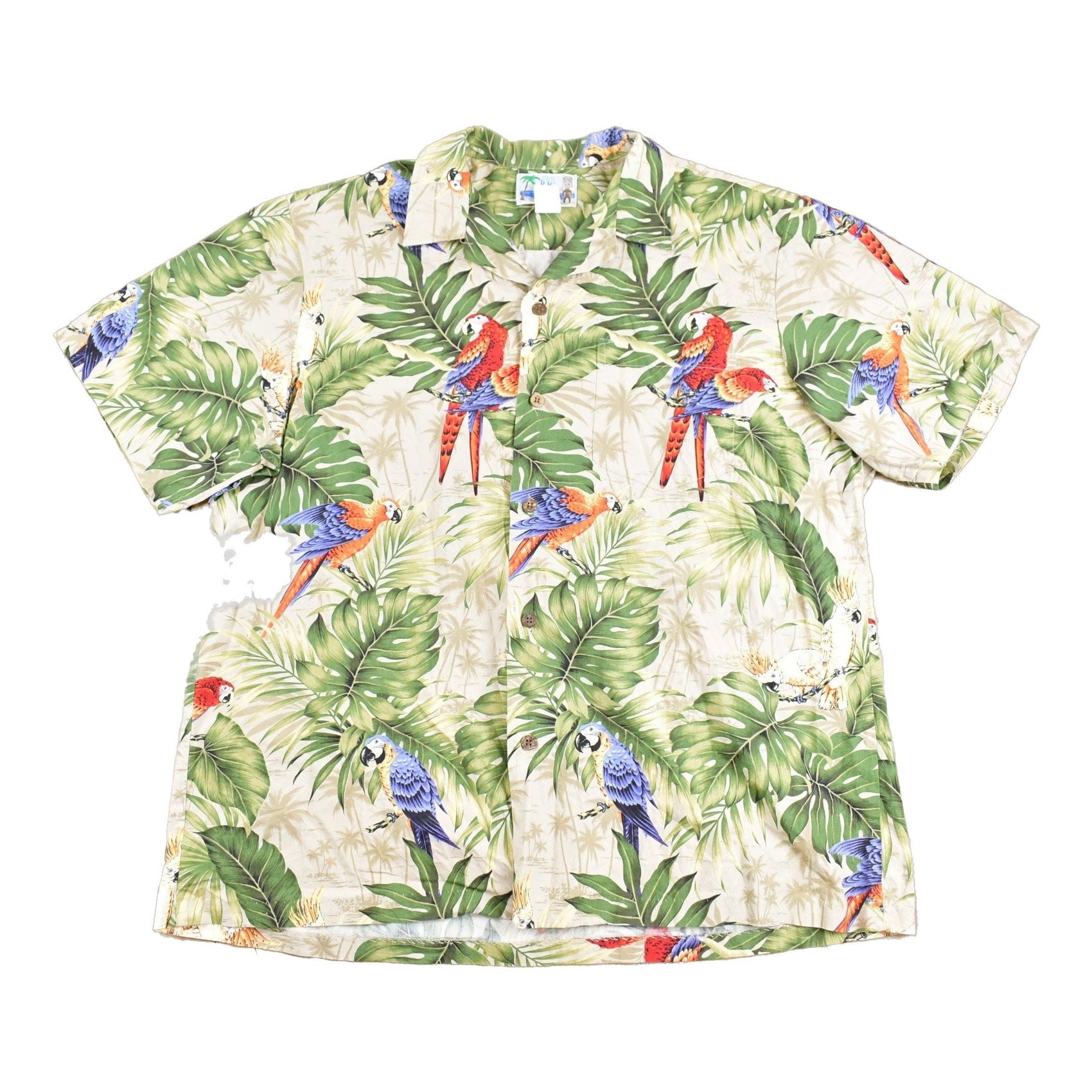 Proper Vintage Clothing > Men's Clothing > Shirts & Tees > Oxfords & Button Downs Vintage 1980s All Over Print Hawaiian Button Up Shirt / Camp Collar / Floral Print / Beachwear / Parrots / Resort Wear / All Over Print