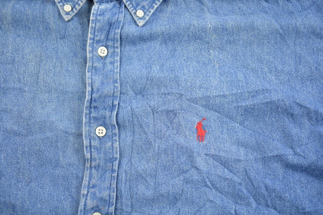 Proper Vintage Clothing > Men's Clothing > Shirts & Tees > Oxfords & Button Downs Vintage 1990s Polo Ralph Lauren Small Pony Denim Button Up Shirt / 1990s Polo Button Up / Vintage Flannel / Workwear / Jean Polo Shirt