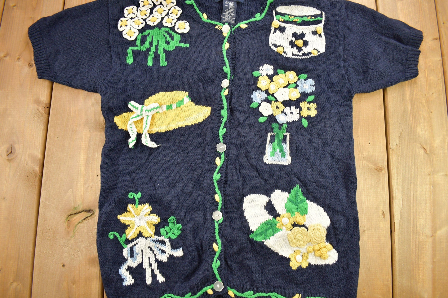 Proper Vintage Clothing > Women's Clothing > Hoodies & Sweatshirts > Sweatshirts Vintage 1990s Eagles Eye Floral Theme Embroidered Knit Cardigan Sweater / Fall Sweater / Patchwork