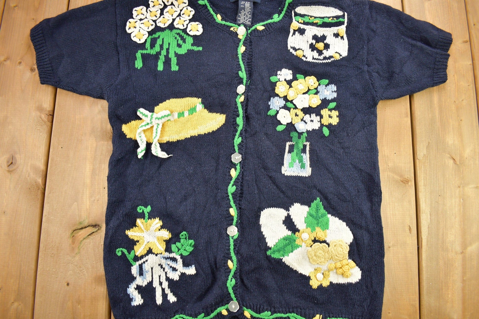 Proper Vintage Clothing > Women's Clothing > Hoodies & Sweatshirts > Sweatshirts Vintage 1990s Eagles Eye Floral Theme Embroidered Knit Cardigan Sweater / Fall Sweater / Patchwork