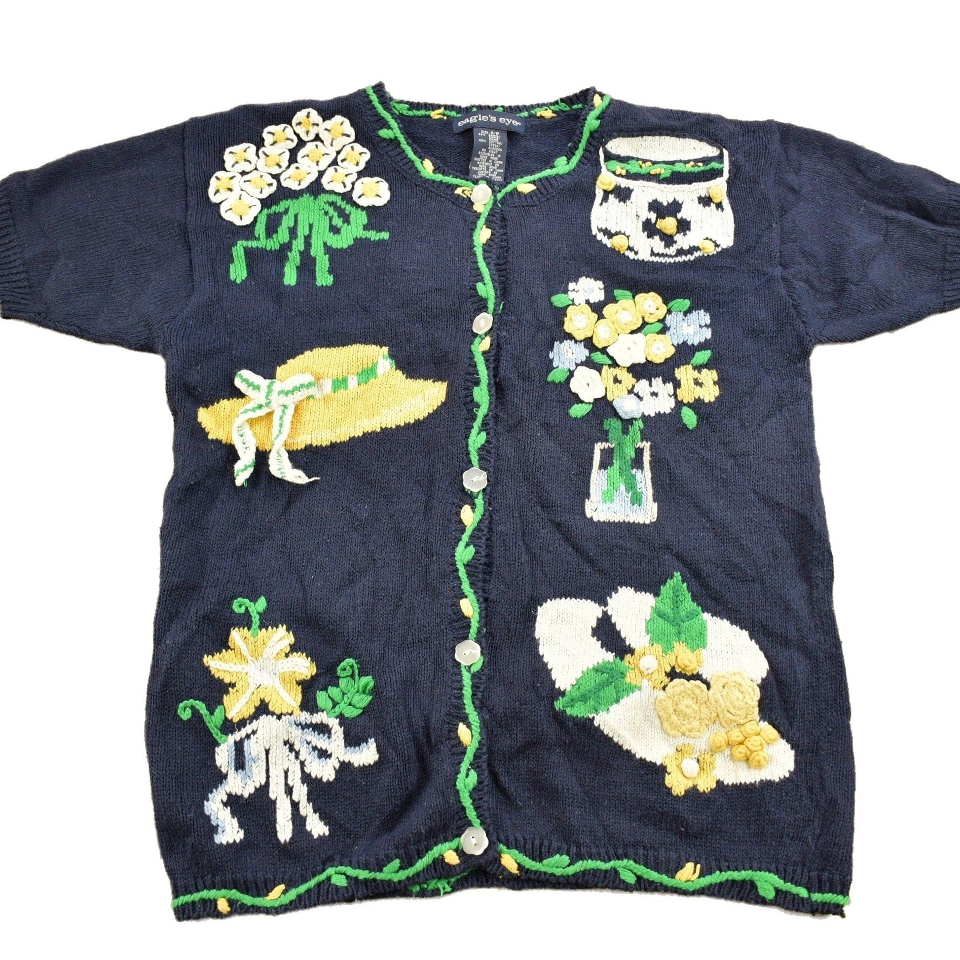 Proper Vintage Clothing > Women's Clothing > Hoodies & Sweatshirts > Sweatshirts Vintage 1990s Eagles Eye Floral Theme Embroidered Knit Cardigan Sweater / Fall Sweater / Patchwork