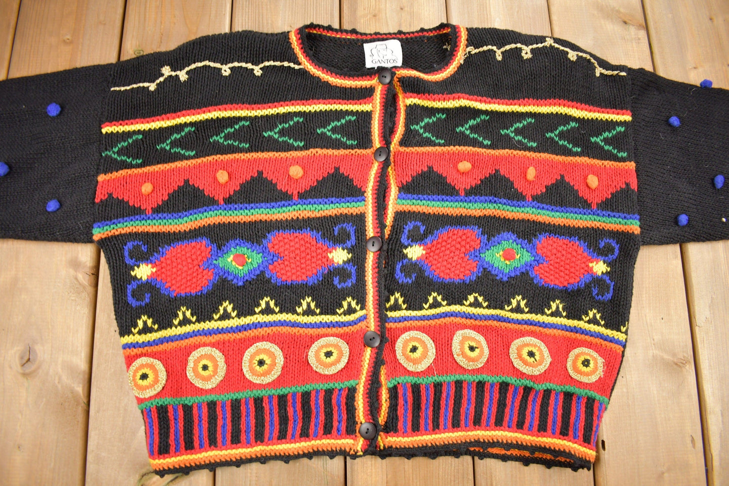 Proper Vintage Clothing > Women's Clothing > Hoodies & Sweatshirts > Sweatshirts Vintage 1990s Gantos Button Up Knit Sweater / Vintage Cardigan / Pattern Sweater / Abstract Sweater