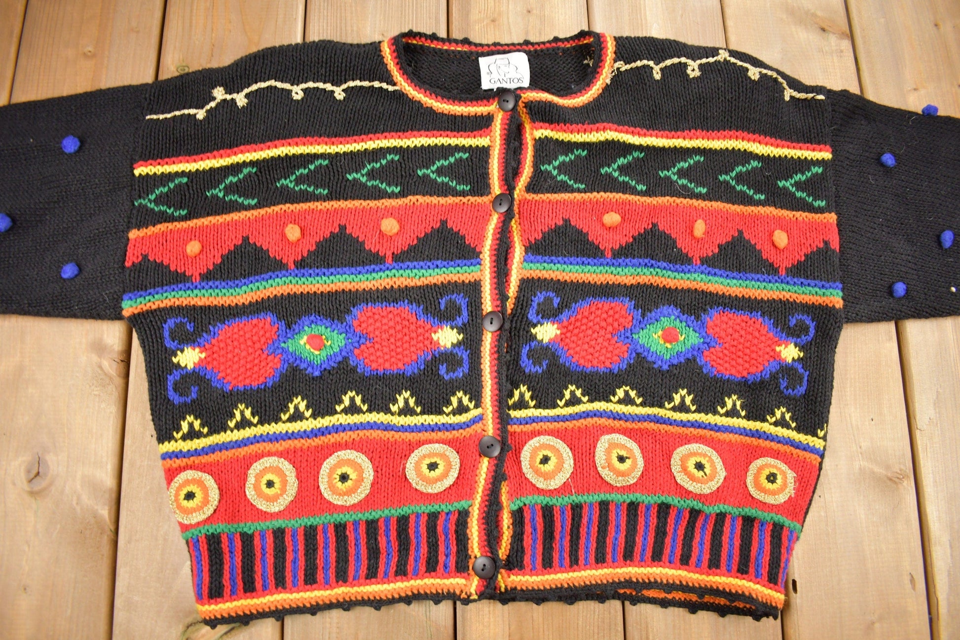 Proper Vintage Clothing > Women's Clothing > Hoodies & Sweatshirts > Sweatshirts Vintage 1990s Gantos Button Up Knit Sweater / Vintage Cardigan / Pattern Sweater / Abstract Sweater