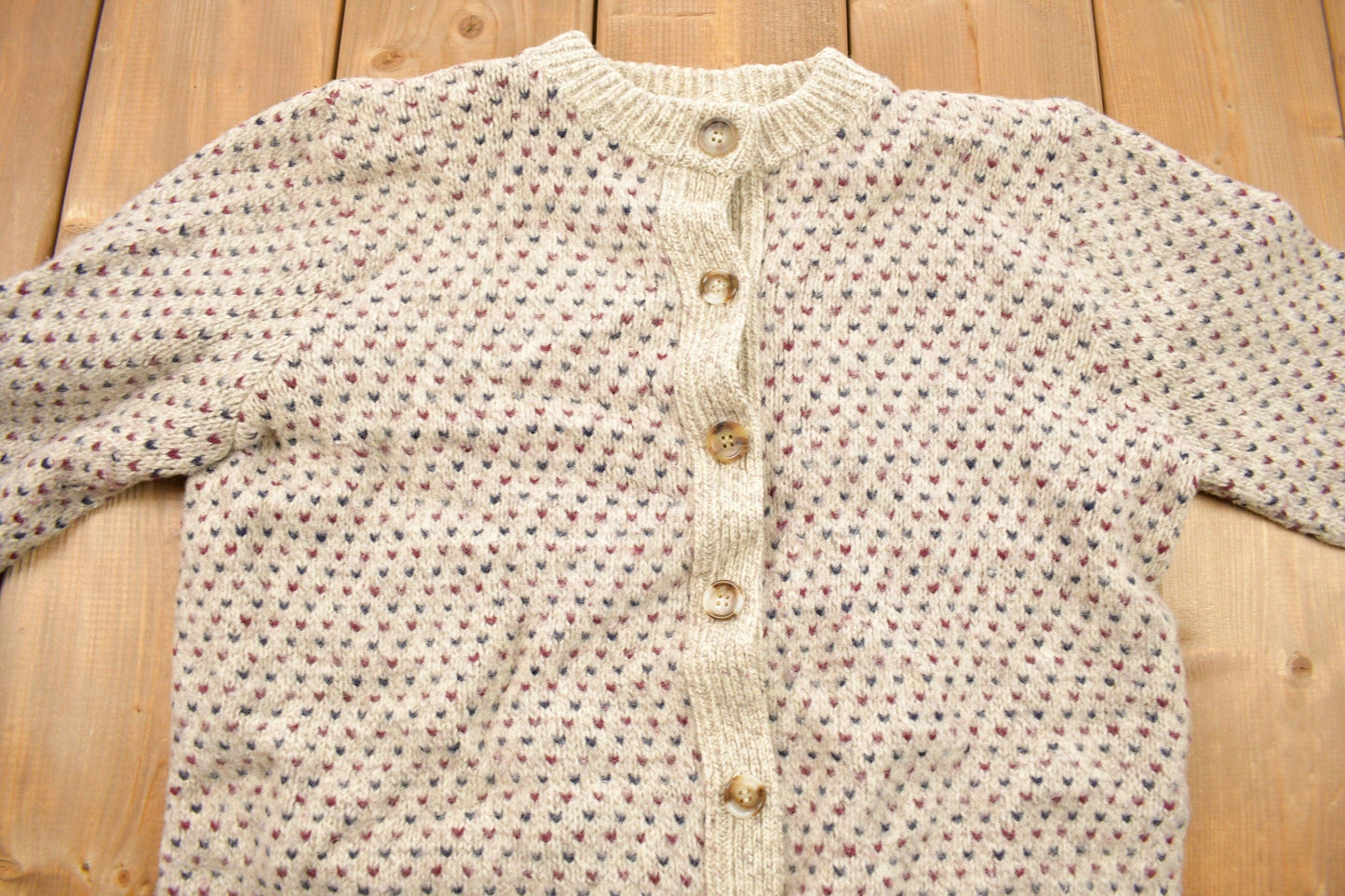 Proper Vintage Clothing > Women's Clothing > Sweaters > Cardigans Vintage 1980s Heart Theme Knitted Cardigan Sweater / Vintage Cardigan / Button Up / Blank Cardigan / All Over Pattern