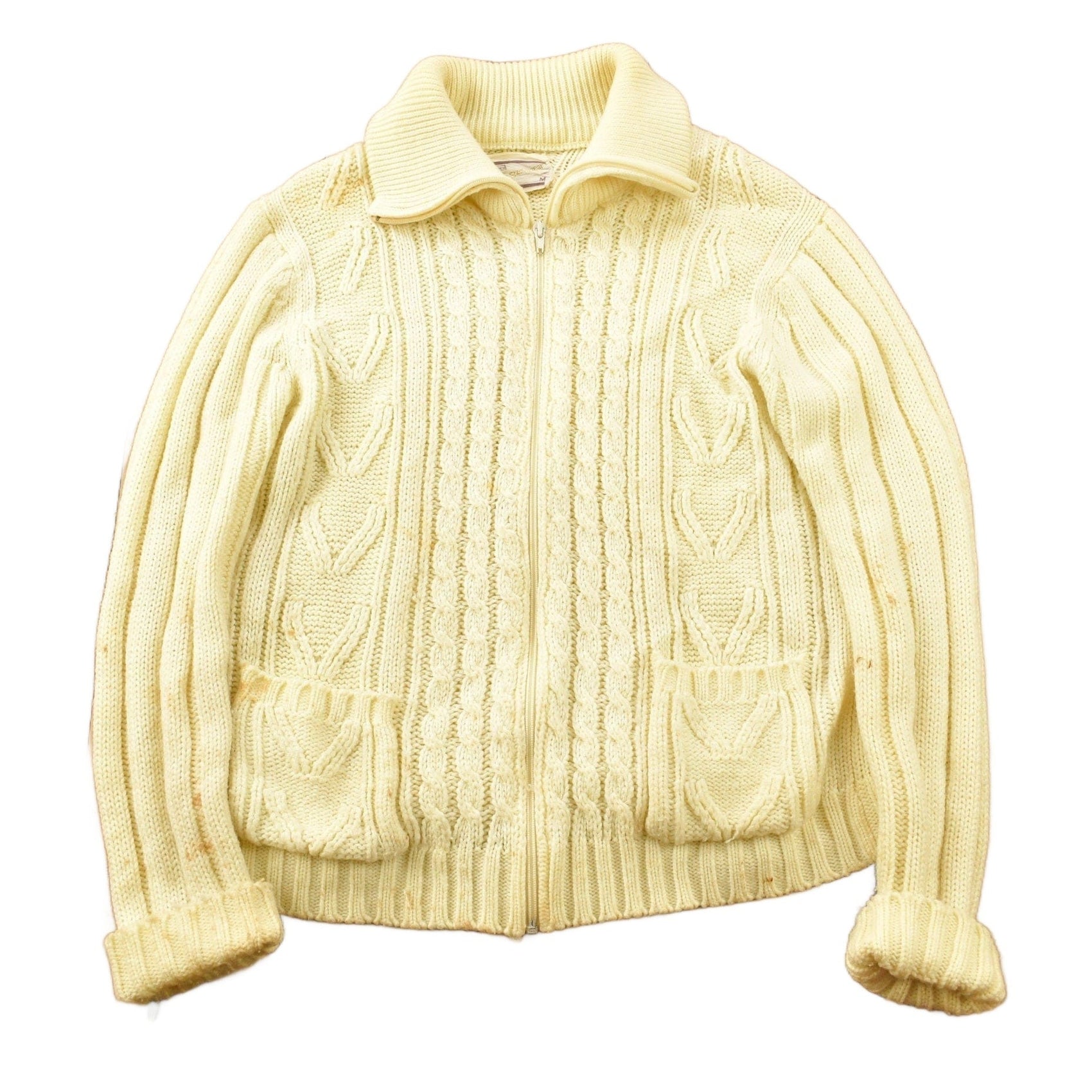 Sears Clothing > Gender Neutral Adult Clothing > Hoodies & Sweatshirts > Sweatshirts Vintage 1970s Sears Men's Sportswear 3D Cable Knit Cardigan Sweater