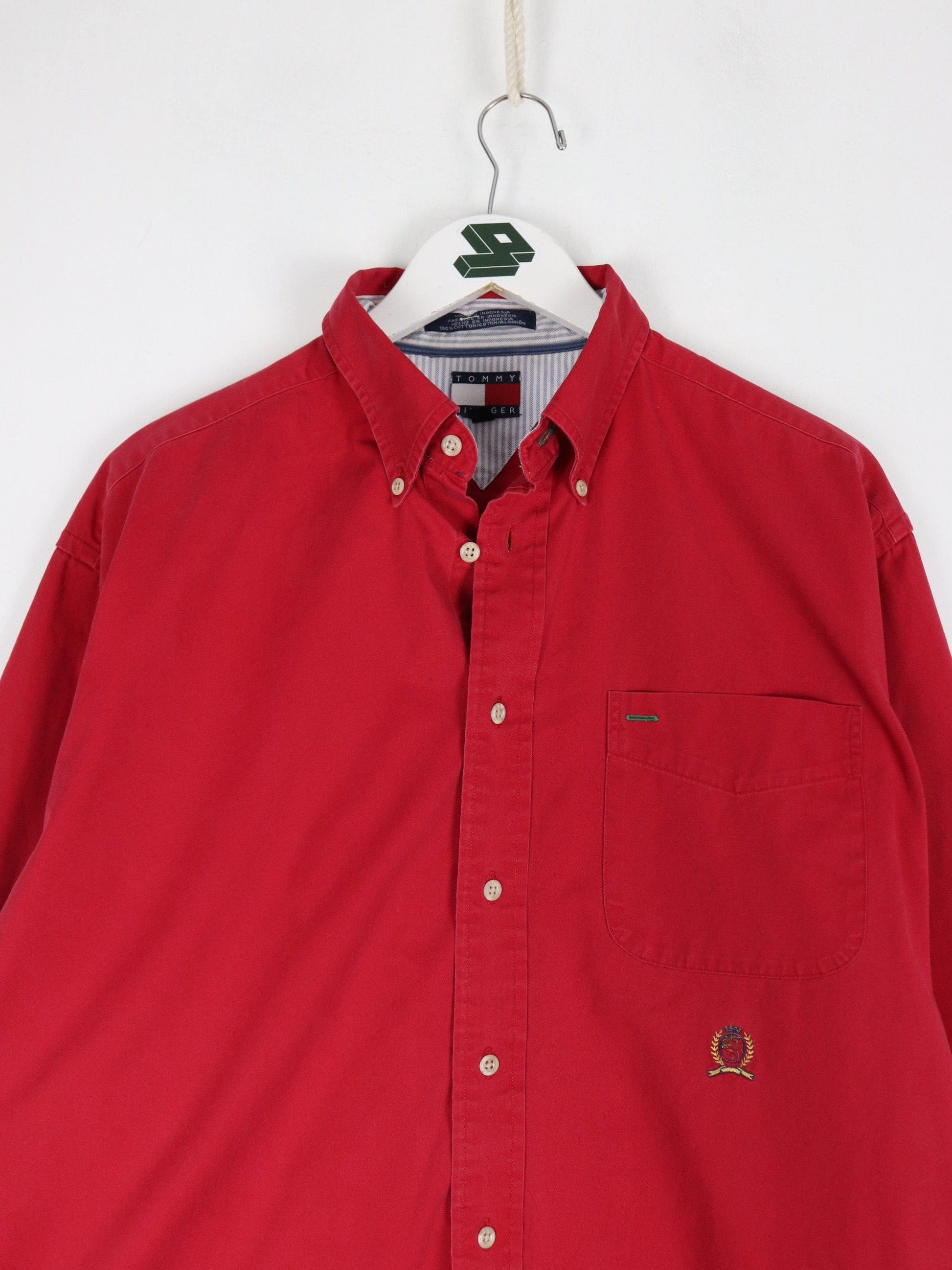 Tommy Hilfiger Button Up Shirts Vintage Tommy Hilfiger Shirt Mens Medium Red Button Up 90s