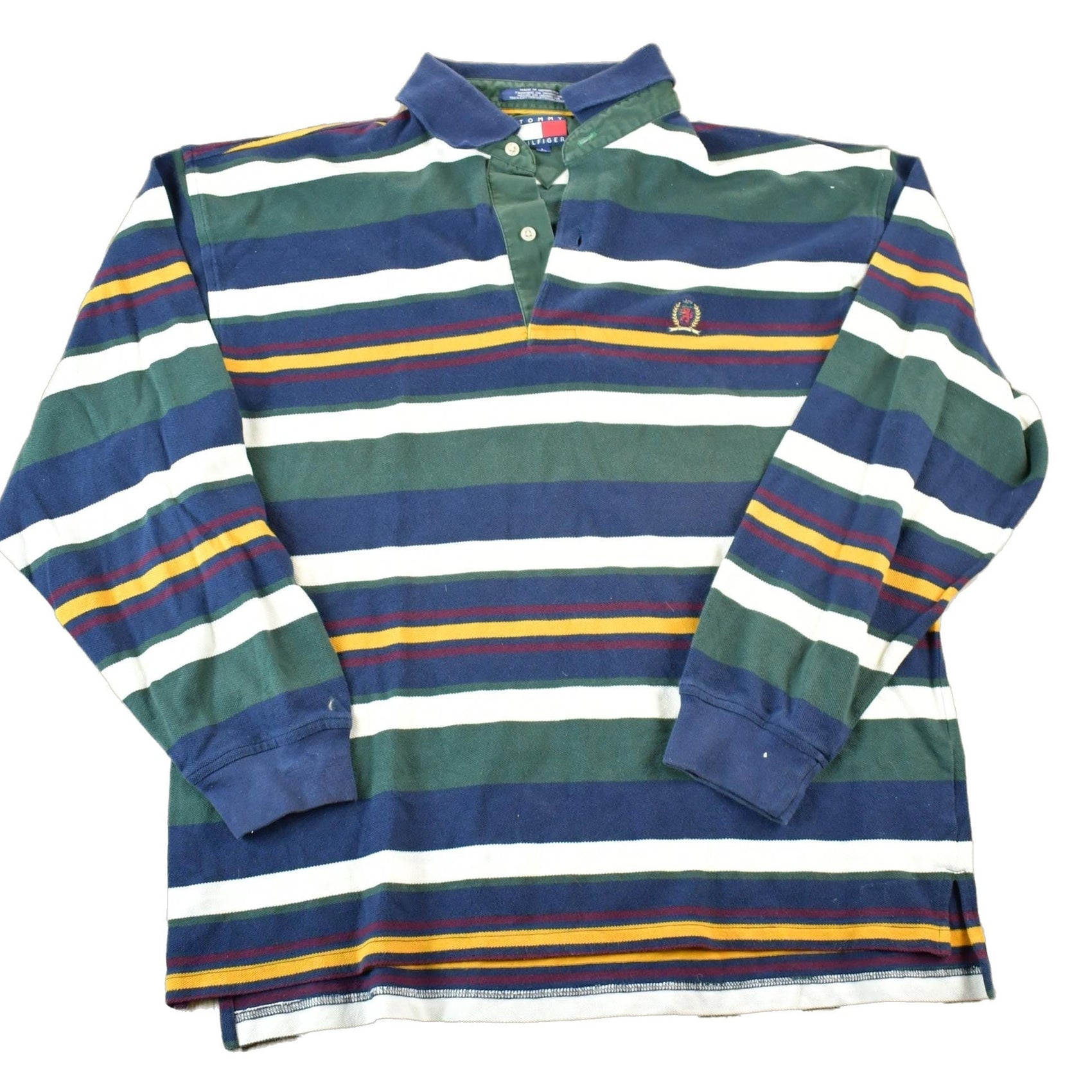 Tommy Hilfiger Clothing > Men's Clothing > Shirts & Tees > Oxfords & Button Downs Vintage 1990s Tommy Hilfiger Striped Rugby Style Button Up Long Sleeve Shirt