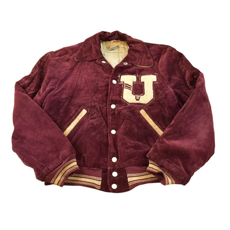 True Vintage 1960s Niagara Sportswear Burgundy Corduroy Chenille Patch School Varsity Bomber Jacket Men's S / Made in USA / 60s Streetwear from propervintagecanada