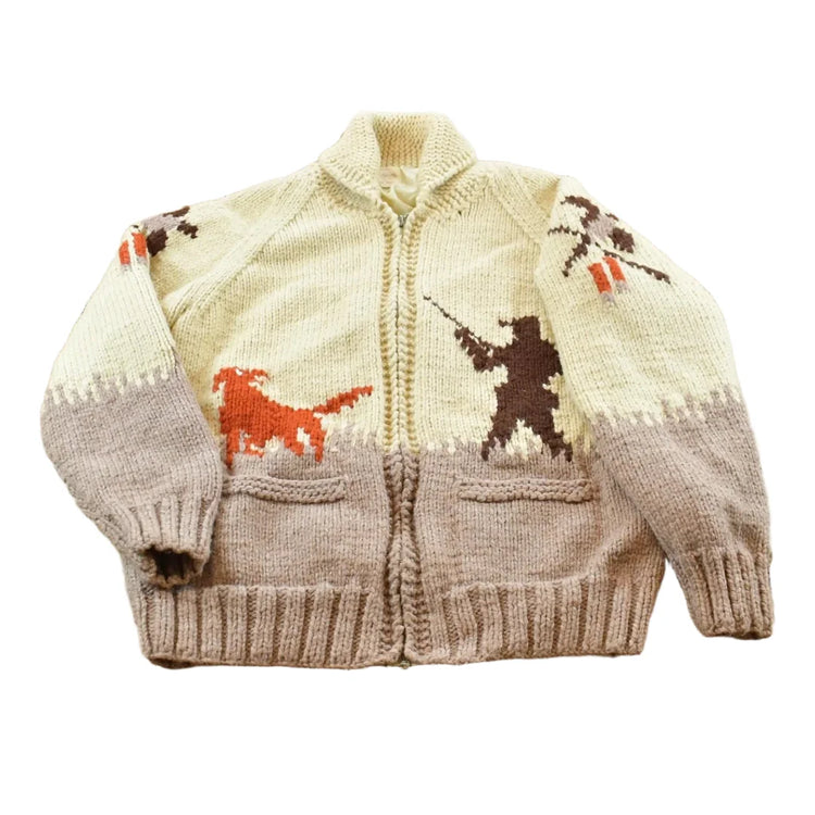 True Vintage 1970s Cowichan Hunting Hand Knit Wool Shawl Collar Full Zip Sweater Men's M / Bird Art / 70s Wilderness / Outdoorsman from propervintagecanada