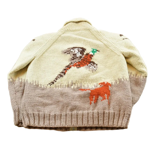 True Vintage 1970s Cowichan Hunting Hand Knit Wool Shawl Collar Full Zip Sweater Men's M / Bird Art / 70s Wilderness / Outdoorsman from propervintagecanada