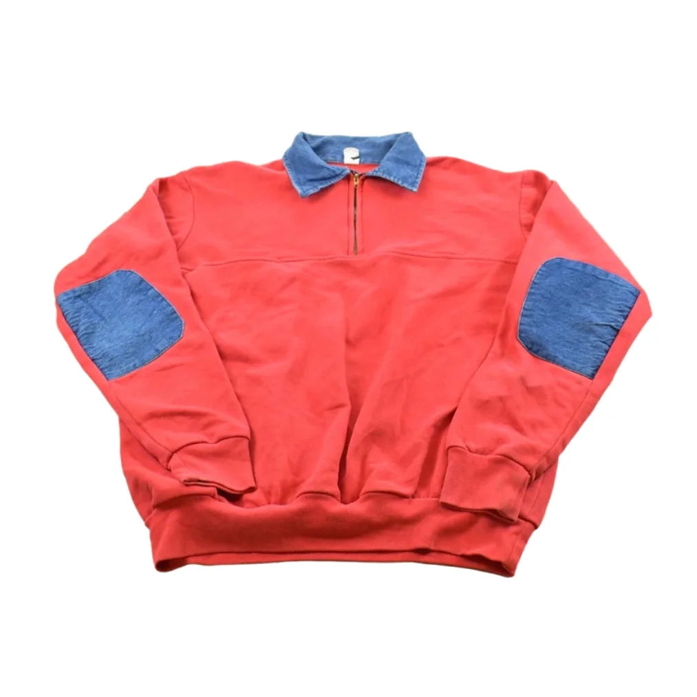 True Vintage 1970s Quarter Zip Denim Accents Collared Sweatshirt Men's XL from propervintagecanada