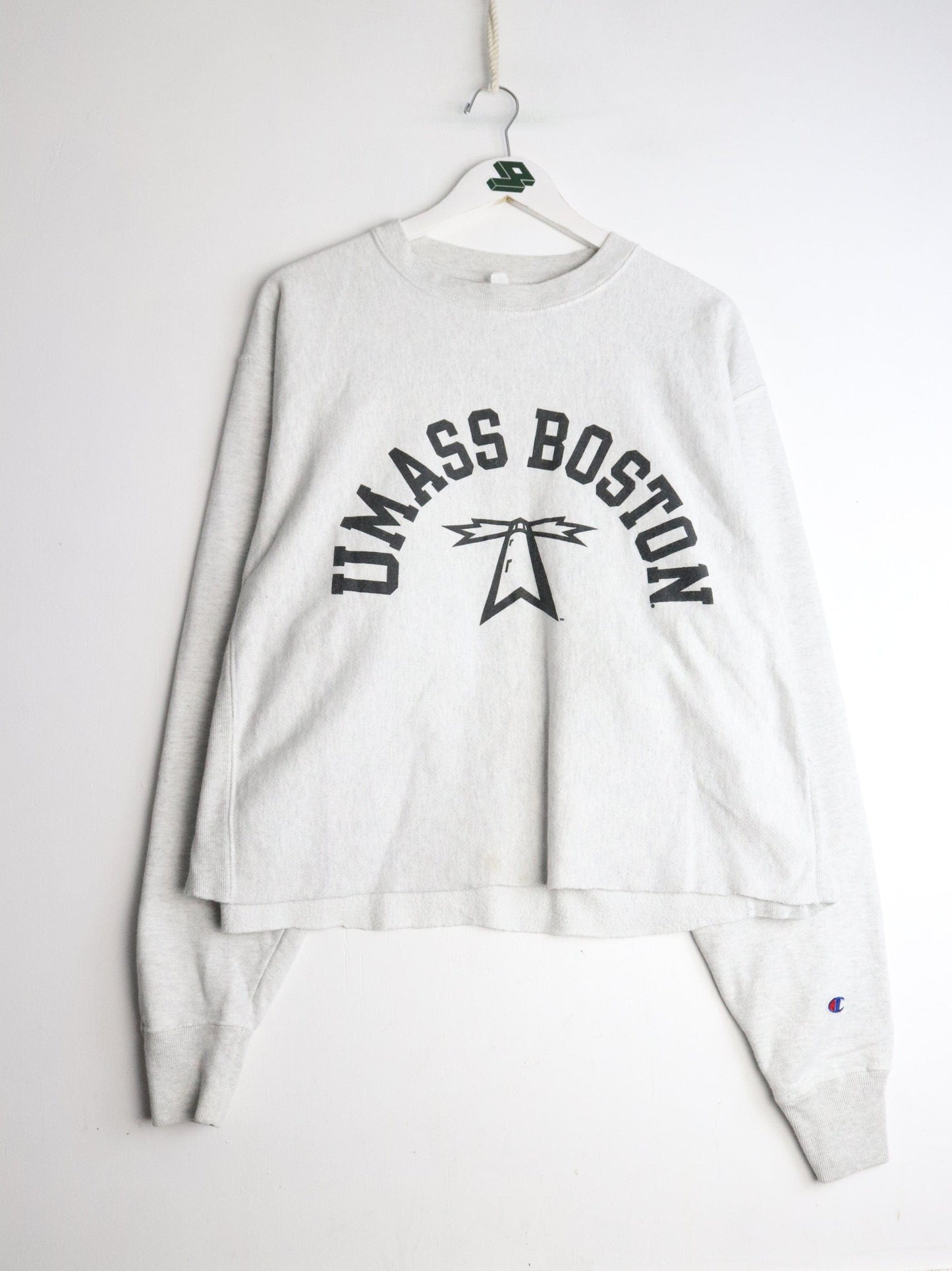 UMASS Boston Sweatshirt Adult Large Cropped Grey Champion Reverse Weave from propervintagecanada