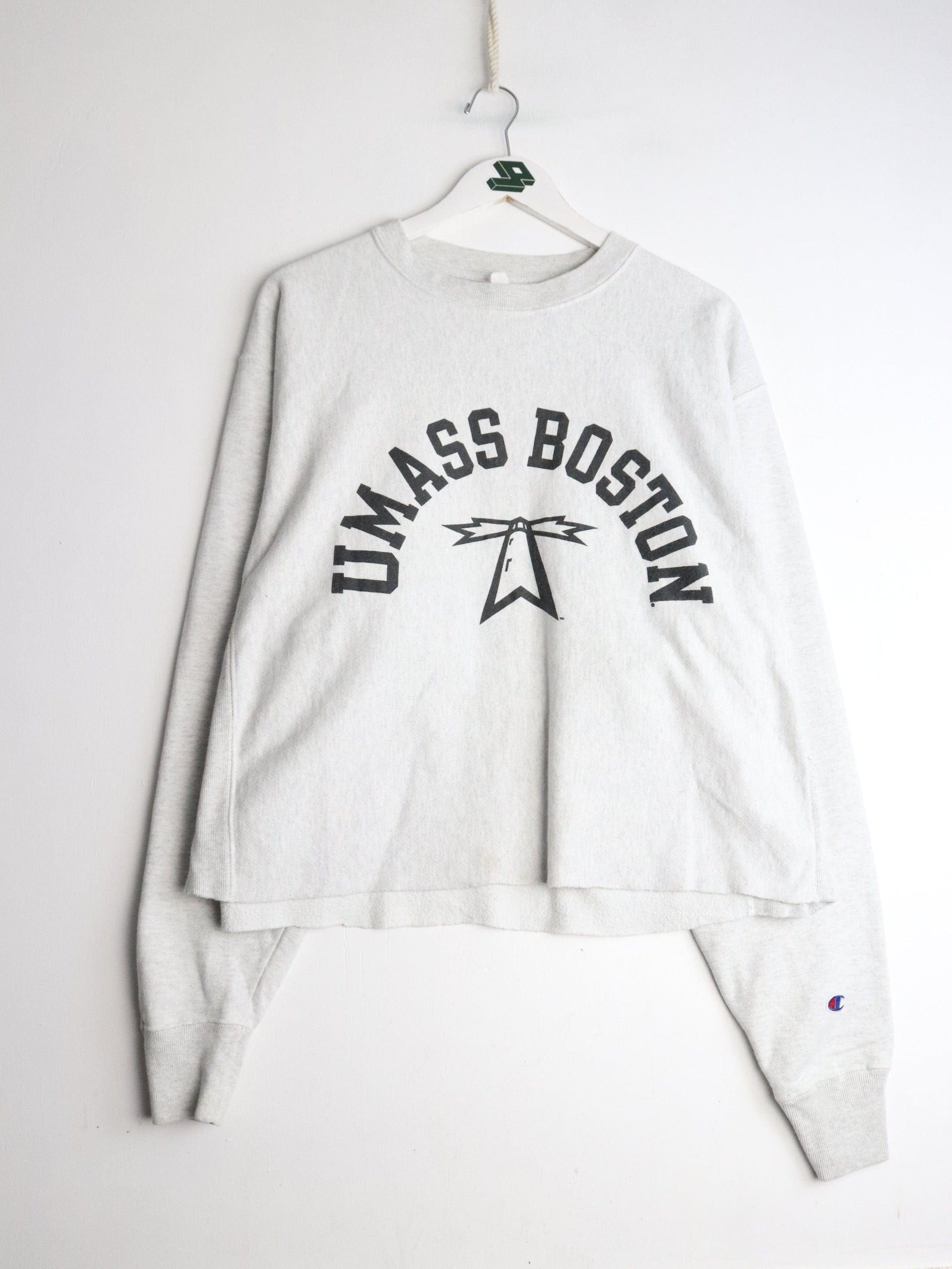 UMASS Boston Sweatshirt Adult Large Cropped Grey Champion Reverse Weave from propervintagecanada