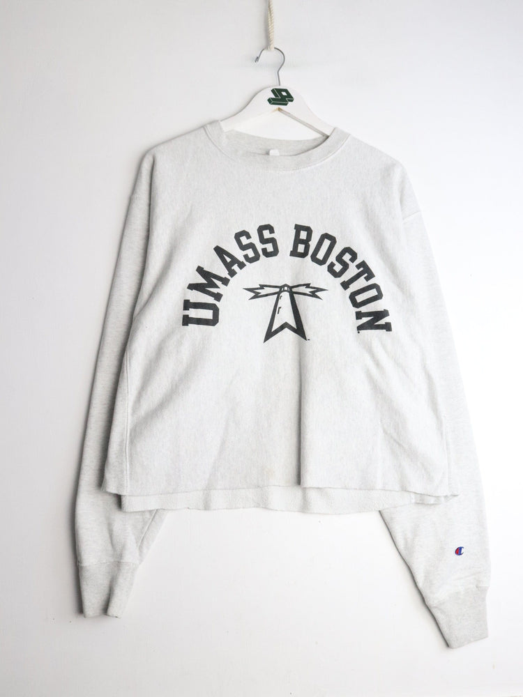UMASS Boston Sweatshirt Adult Large Cropped Grey Champion Reverse Weave from propervintagecanada