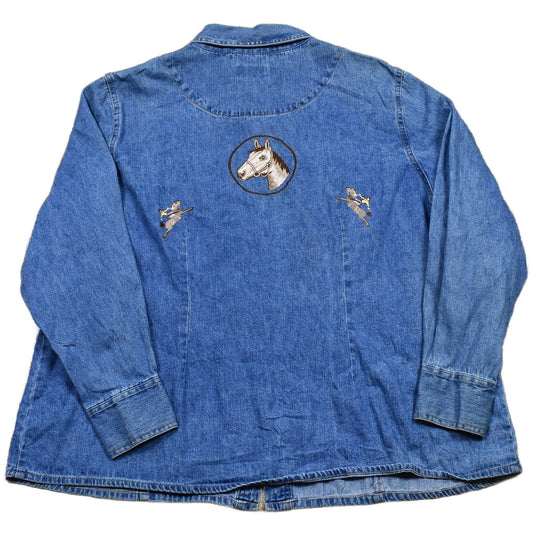 Venezia 1990s Embroidered Denim Snap Button Jean Shirt Men's L from propervintagecanada