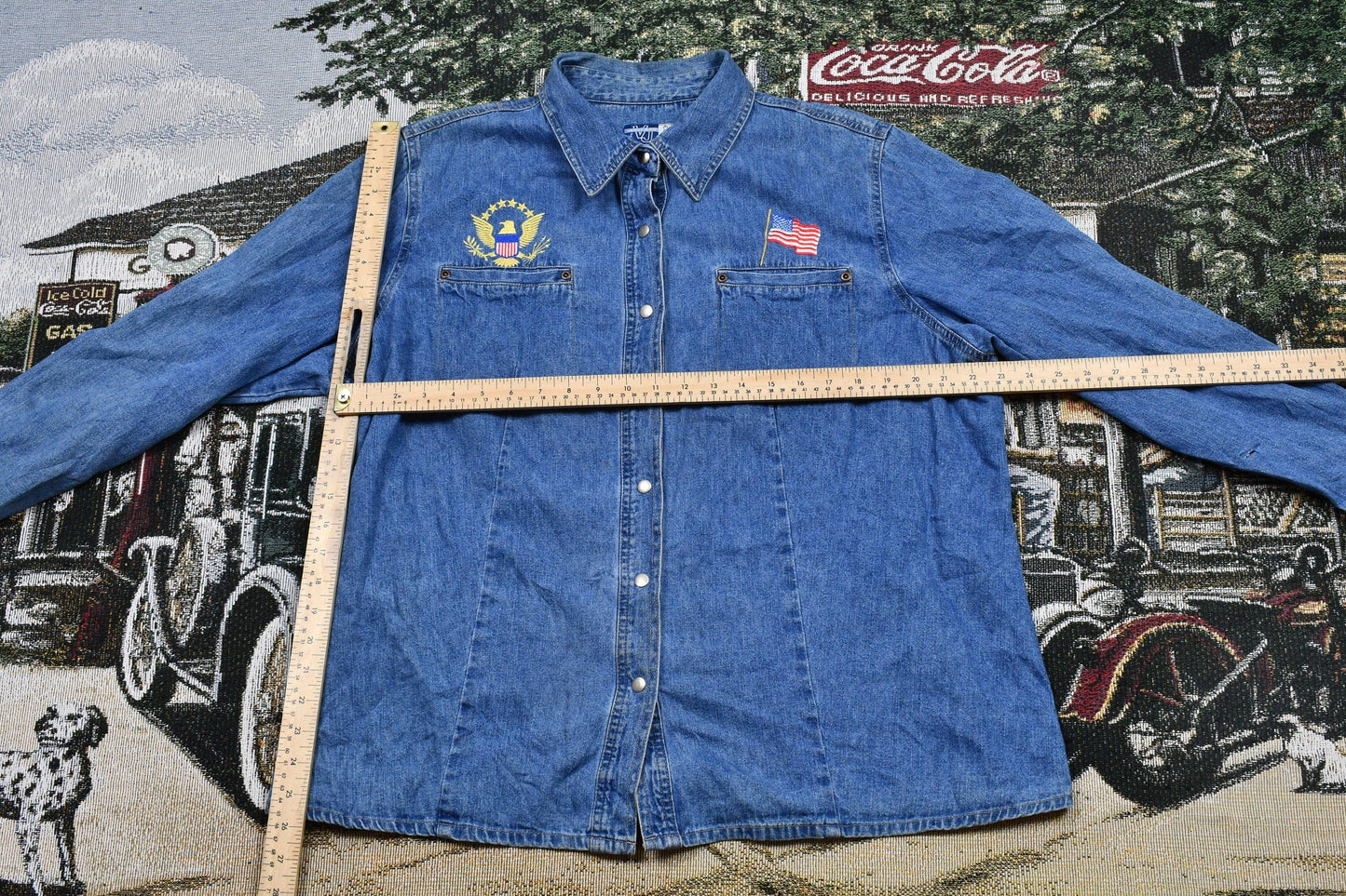Venezia 1990s Embroidered Denim Snap Button Jean Shirt Men's L from propervintagecanada