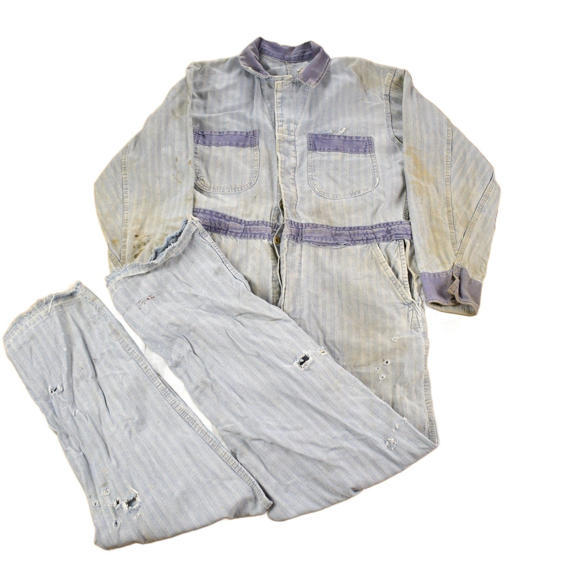 Vintage 1930s Perfect Union Made Distressed Denim Button Down Jumpsuit Men's 38 x 28 from propervintagecanada